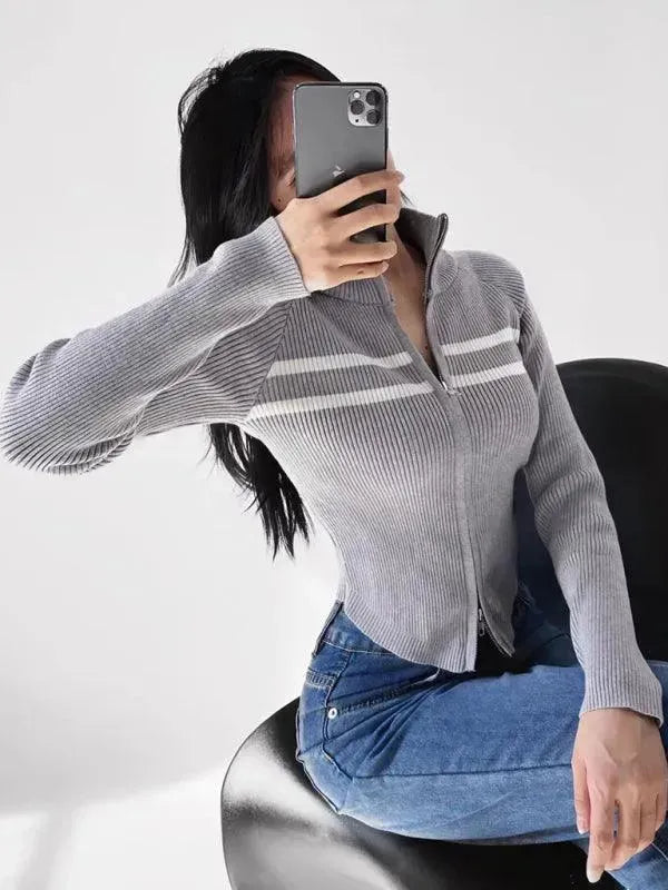 Stylish Striped Zipper Cardigan Sweater for Women - Cozy Fall & Winter Fashion - Perfect for Office, Casual Outings & Layering