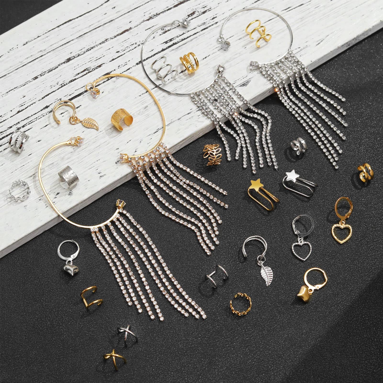 IFKM 14 Pcs/Set Gold & Silver Rhinestone Ear Cuff Set for Women - No Piercing Clip On Heart Hoop Earrings, Simple Elegant Jewelry Gift for Party, Wedding & Daily Wear (Silver)