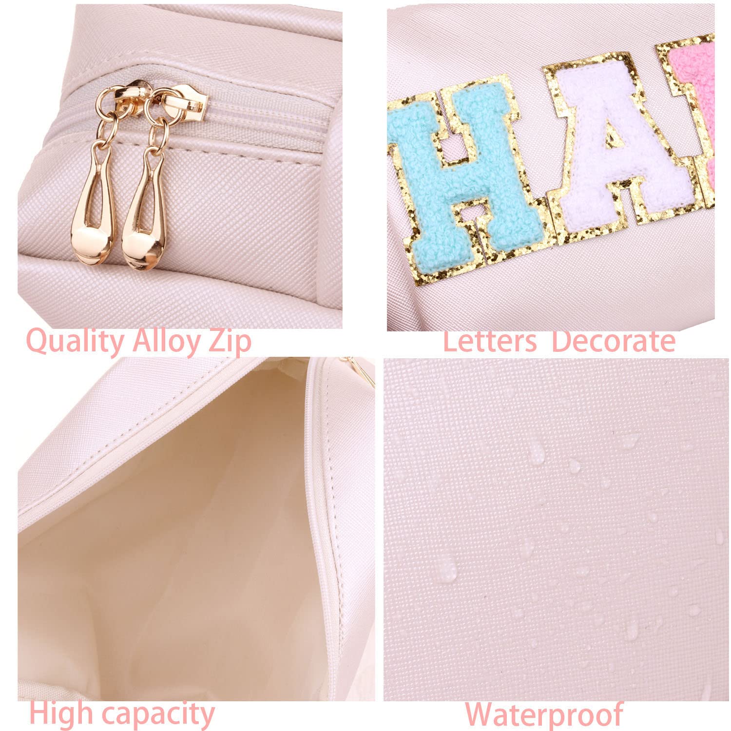 Preppy Patch Cosmetic Toiletry Bag for Women & Girls - PU Leather Makeup Organizer with Zipper, Waterproof Travel Pouch for Skincare & Beauty Essentials | Perfect for Vacation, Gym & Daily Use