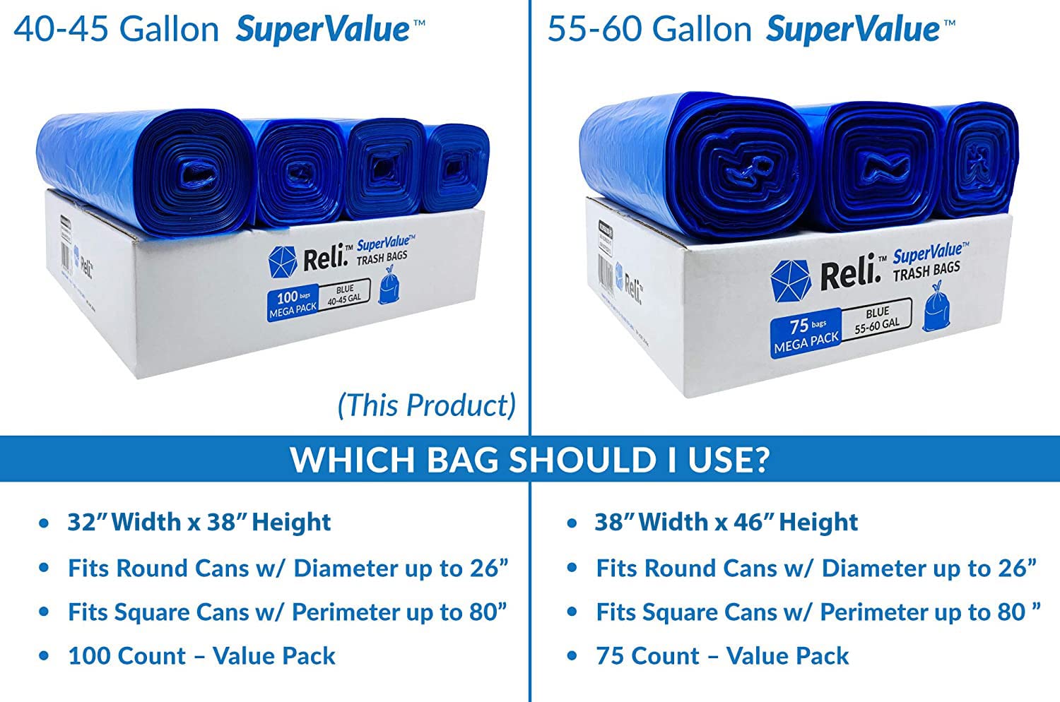 Reliable SuperValue 40-45 Gallon Heavy Duty Recycling Bags | 100 Count | Blue Trash Bags for Home, Office & Outdoor Use | Eco-Friendly Waste Disposal Solution