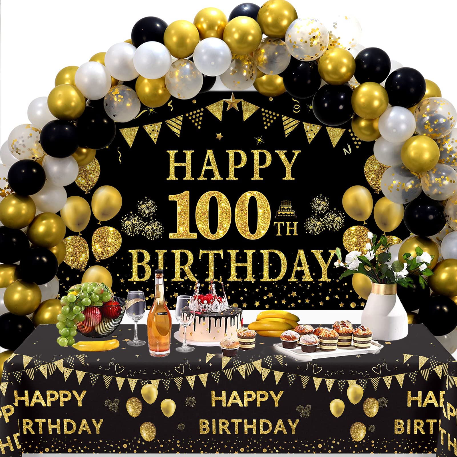 100th Birthday Party Decorations Set - Black & Gold Backdrop Banner, Tablecloth & Balloons for Men & Women | Perfect for Milestone Celebrations, Anniversaries & Retirement Parties