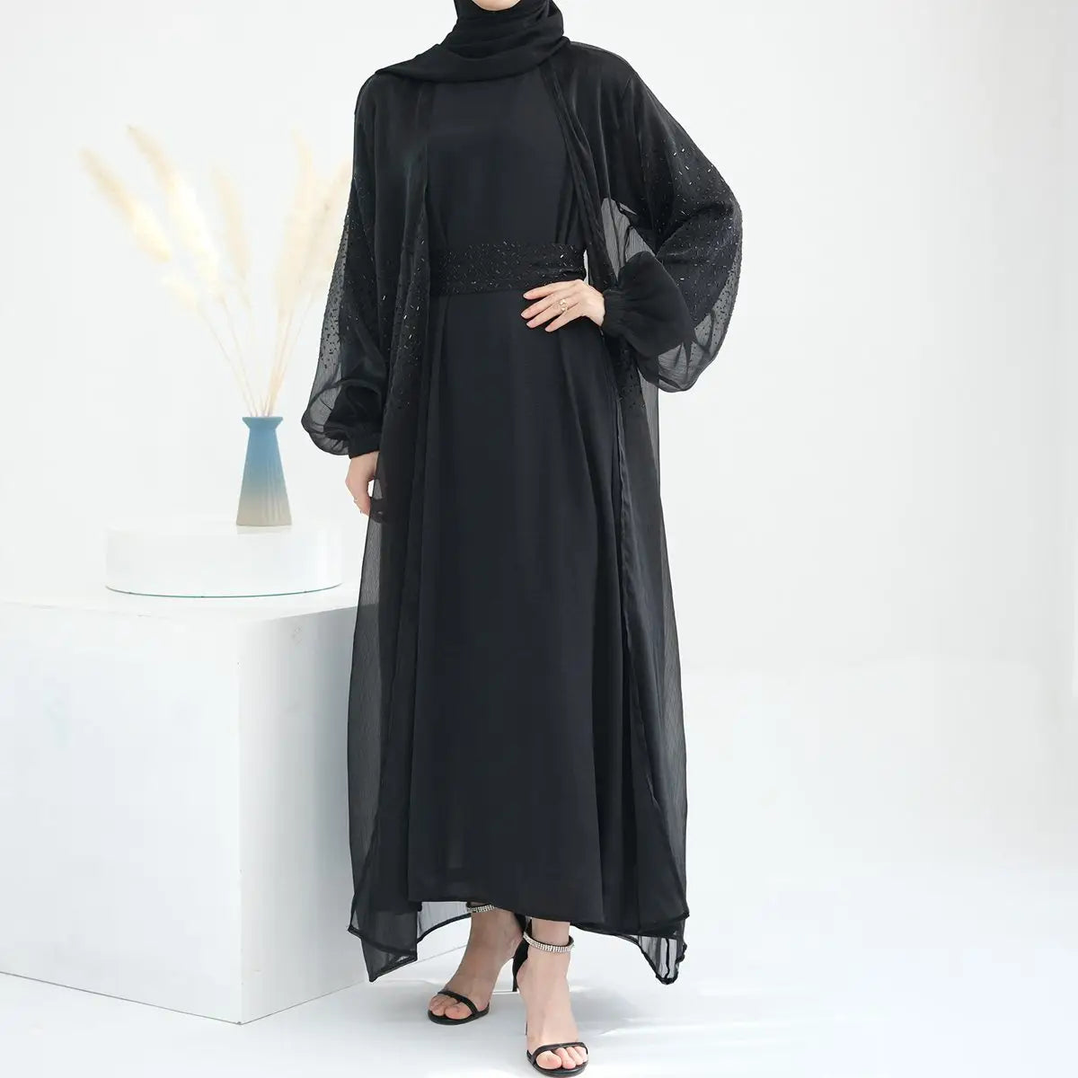 2 Piece Set Bright Wrinkle Puff Sleeve Open Abaya Dress - Elegant Muslim Women's Prayer Dress for Mosque, Eid & Special Occasions