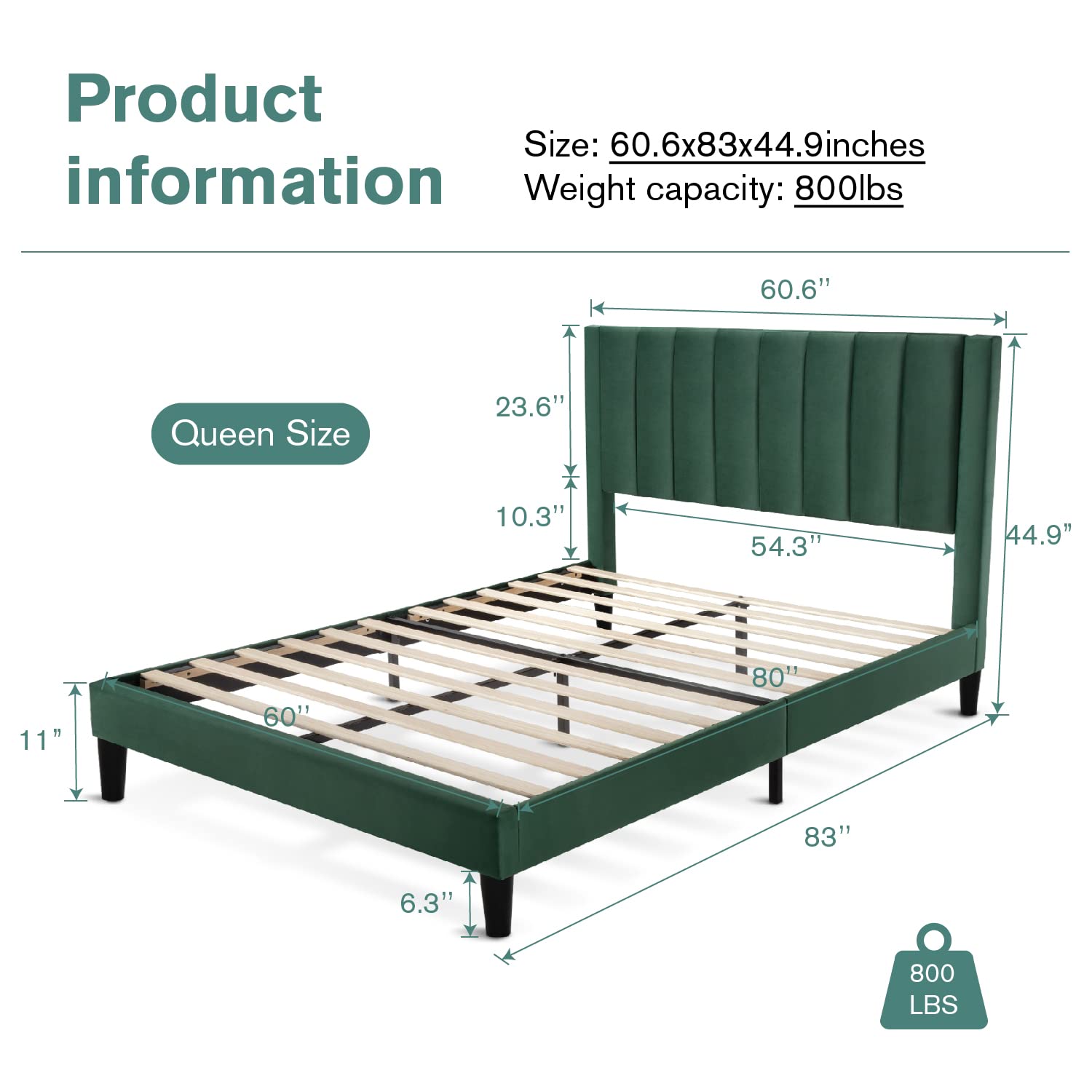 Queen Size Velvet Upholstered Tufted Platform Bed Frame with Headboard - Strong Wooden Slats, No Box Spring Needed, Easy Assembly in Green | Elegant Bedroom Furniture for Master Bedroom, Guest Room & Dorm