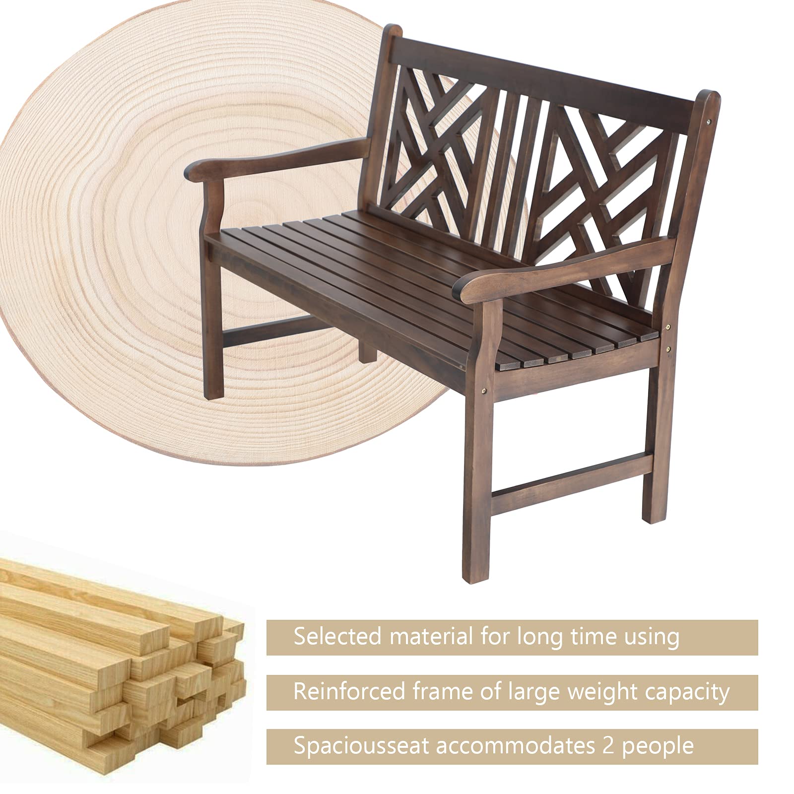 MFSTUDIO Acacia Wood Garden Bench with Backrest & Armrest - 2-Person Outdoor Patio Bench for Porch, Park, Yard - 600 lbs Weight Capacity (Brown) - Perfect for Relaxing in Gardens, Backyards & Outdoor Spaces