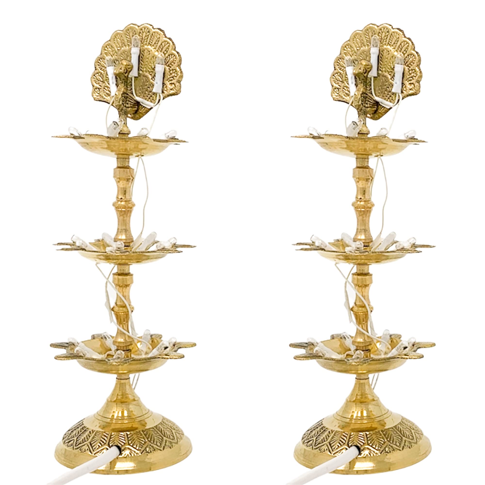 Electric Deepak Puja Lamps - Peacock Design Set of 2 (3-Layer Decorative Diya) for Hindu Prayer, Home Decor & Festive Celebrations