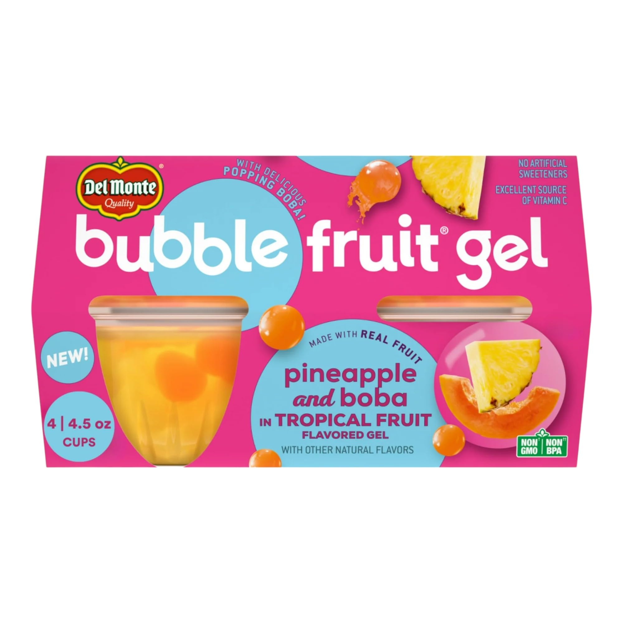 Tropical Pineapple Gel Snack with Popping Boba - 4.5oz Fruit Cups (Pack of 4) | Refreshing Bubble Tea Topping, Dessert Ingredient & Healthy Kids Snack for Parties, Picnics and School Lunches