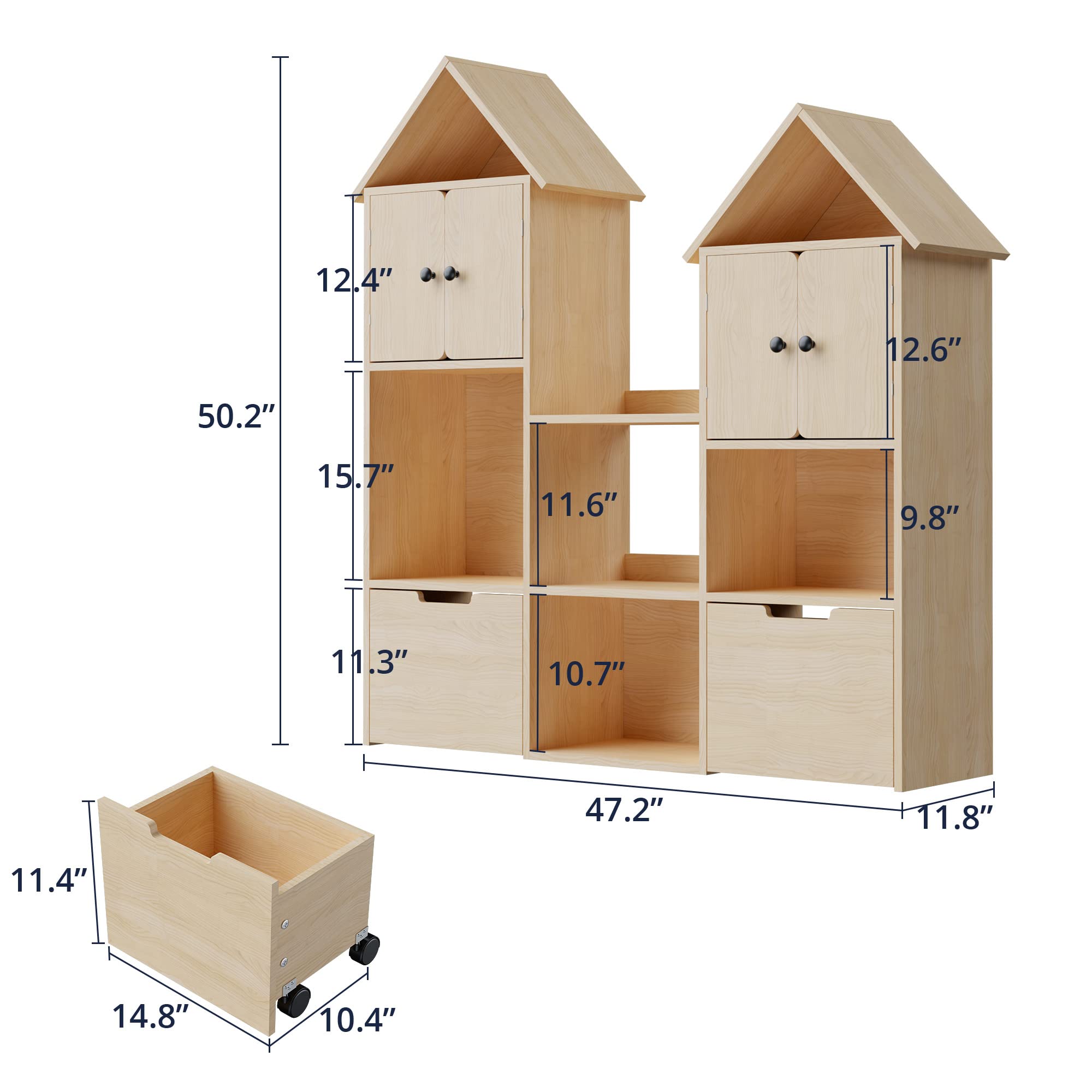 Cozy Castle Wooden Kids Bookshelf with Toy Storage Box & Wheels - Sturdy Oak Bookcase Organizer for Playroom, Bedroom, Nursery | Perfect Gift for Toddlers Ages 3+ | Great for Storytime, Toy Organization & Room Decor