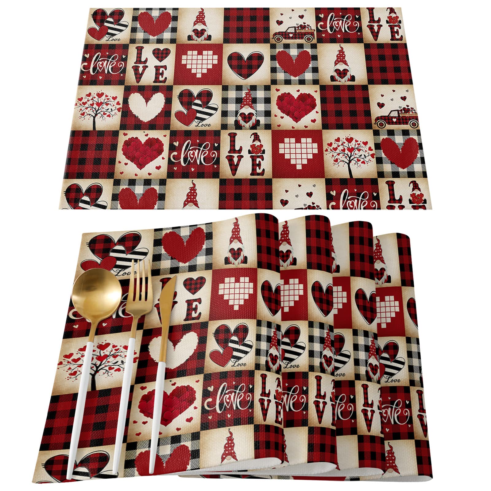 Valentine’s Day Placemats Set of 4 - Red Plaid Love Hearts Table Mats, Heat Resistant & Washable Kitchen Dining Decor for Valentine's Day, Christmas, Holiday Parties - 13''x19'' - Perfect for Romantic Dinners, Family Gatherings & Festive Home Decor