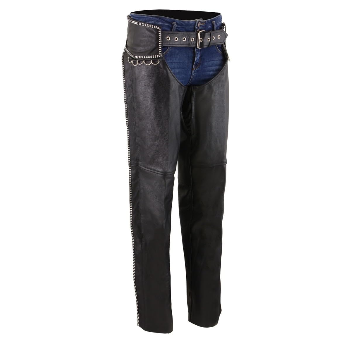 Milwaukee MLL6502 Women's Black Premium Leather Motorcycle Chaps with Rhinestones & D-Rings - Stylish & Protective Riding Gear for Harley, Cruiser & Biker Fashion