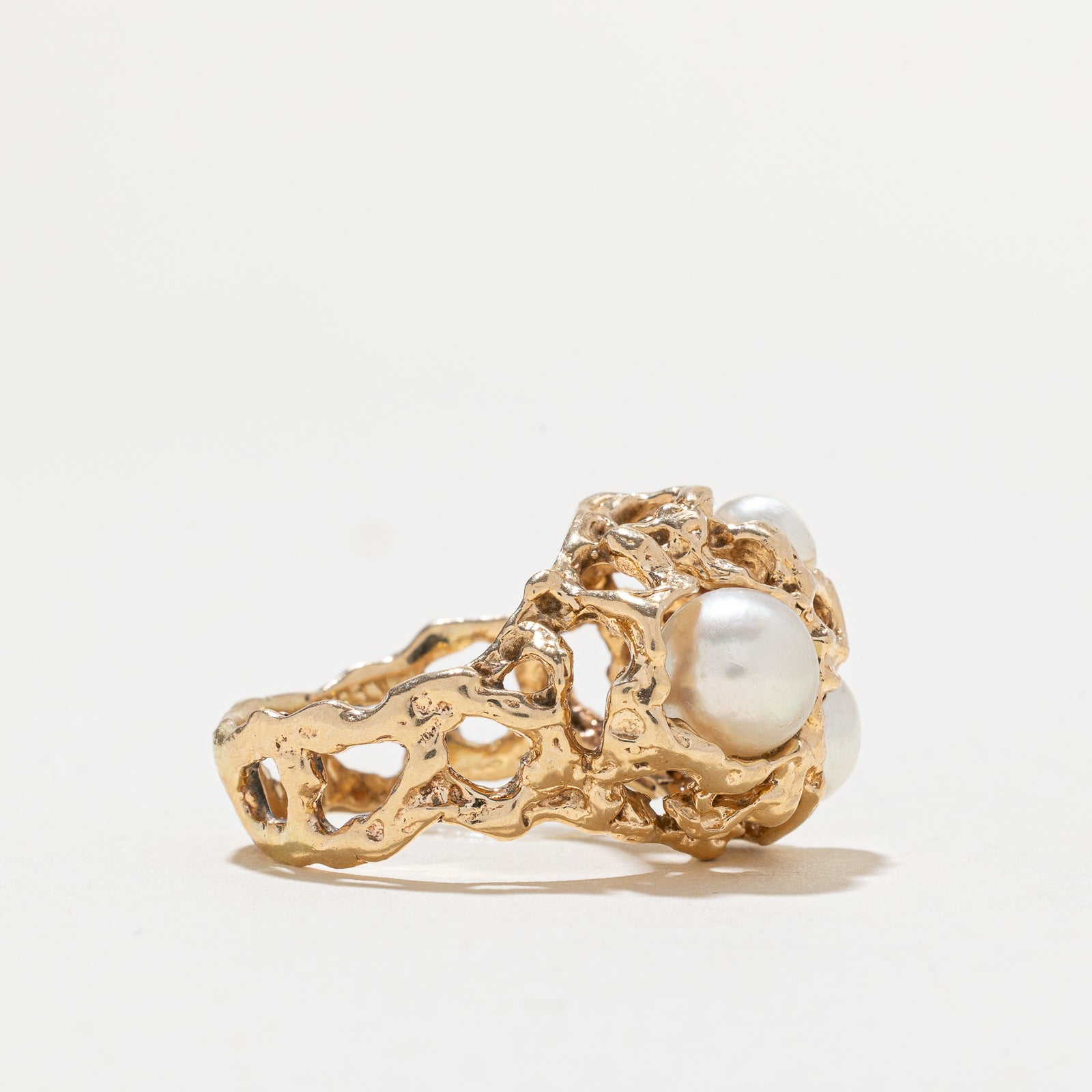 Three Stone Pearl Abstract Ring - Size 6.25 - Elegant Handmade Jewelry for Women, Perfect for Weddings, Anniversaries & Special Occasions