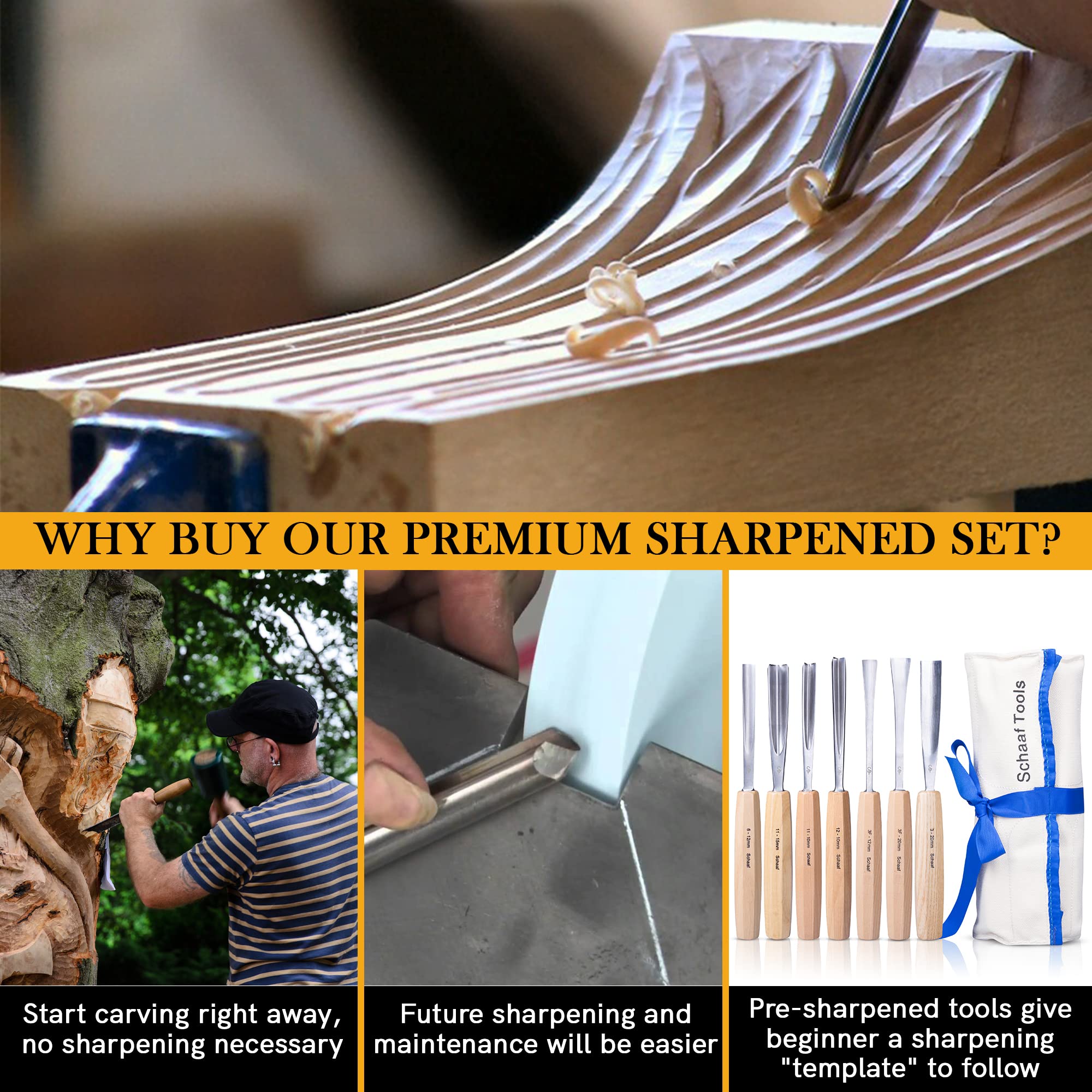 Premium Wood Carving Tools Set - 7 Hand-Sharpened Chisels & Gouges with Canvas Case | CR-V 60 Steel Blades for Professional Woodworking | Perfect for Beginners & DIY Projects | Schaaf Tools | Ideal for Furniture Making, Sculpting & Home Decor Crafts