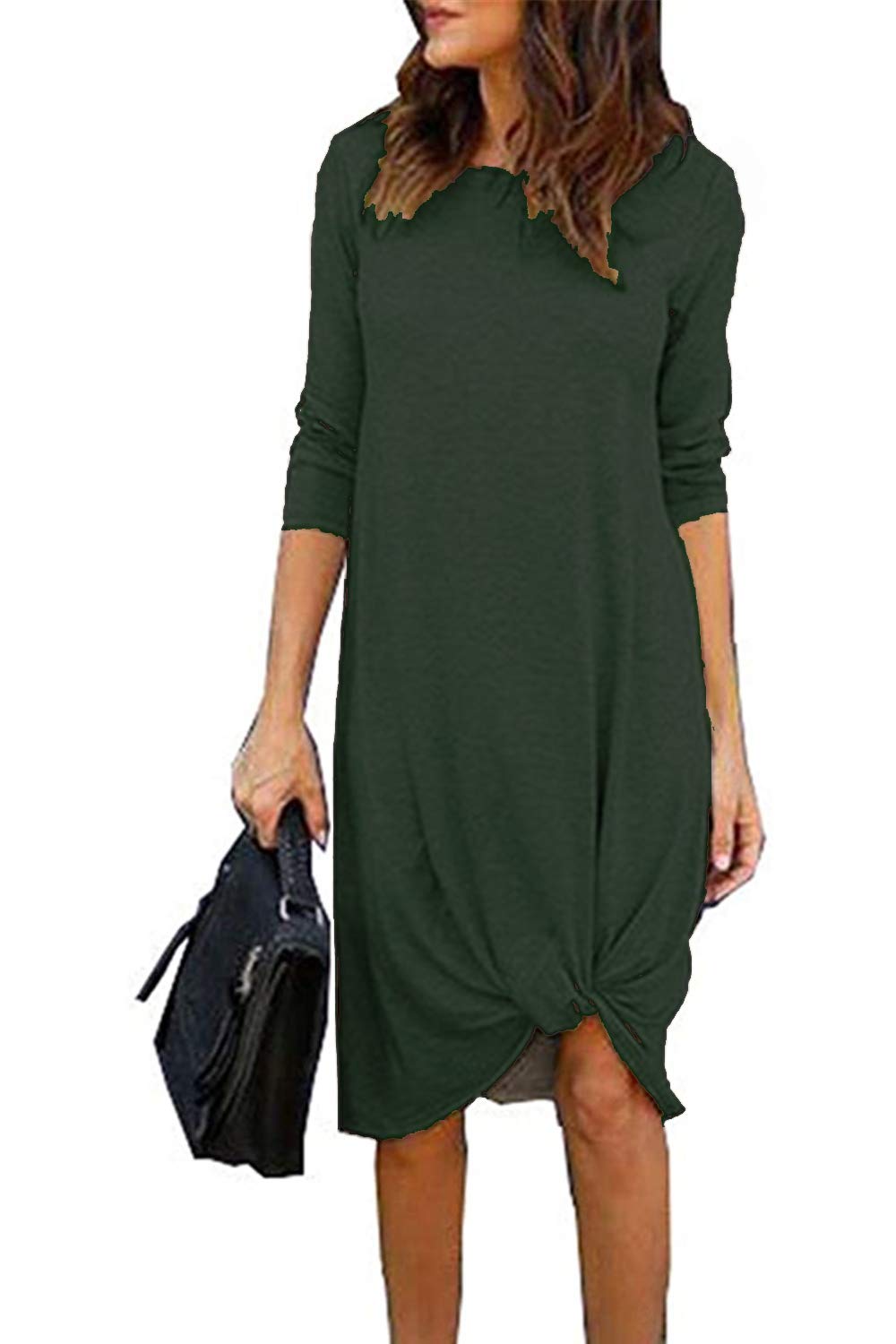 Chvity Women's Casual Long Sleeve Twist Tie Front Knot Midi Dress - T-Shirt Style Fall Dresses for Work, Date Night & Autumn Outings