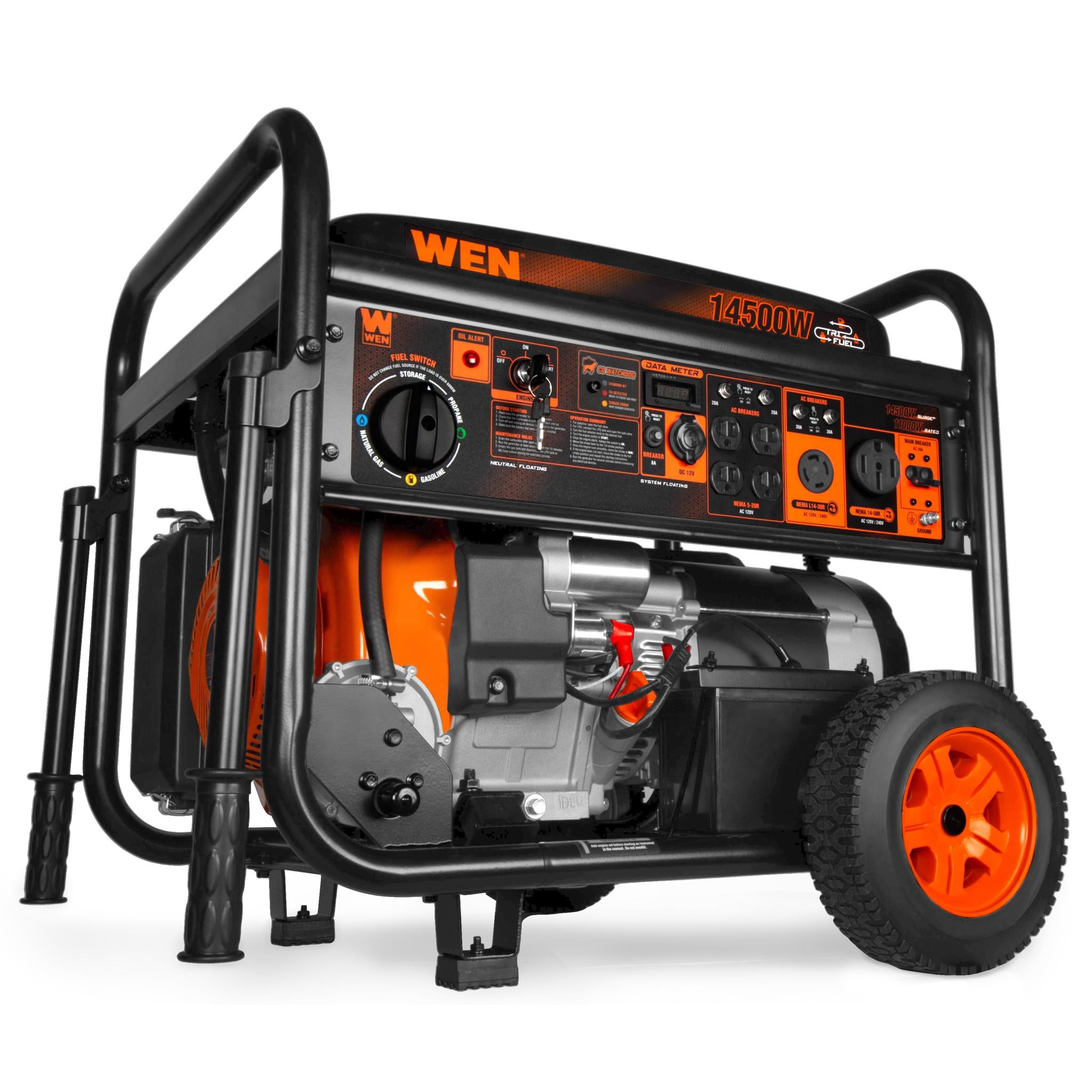 WEN TF1450X 14,500W Tri Fuel Generator - Gas/Propane/Natural Gas Compatible, 120V/240V with Electric Start & Wheel Kit - CO Watchdog Safety - Perfect for Home Backup Power, Camping & Emergency Use