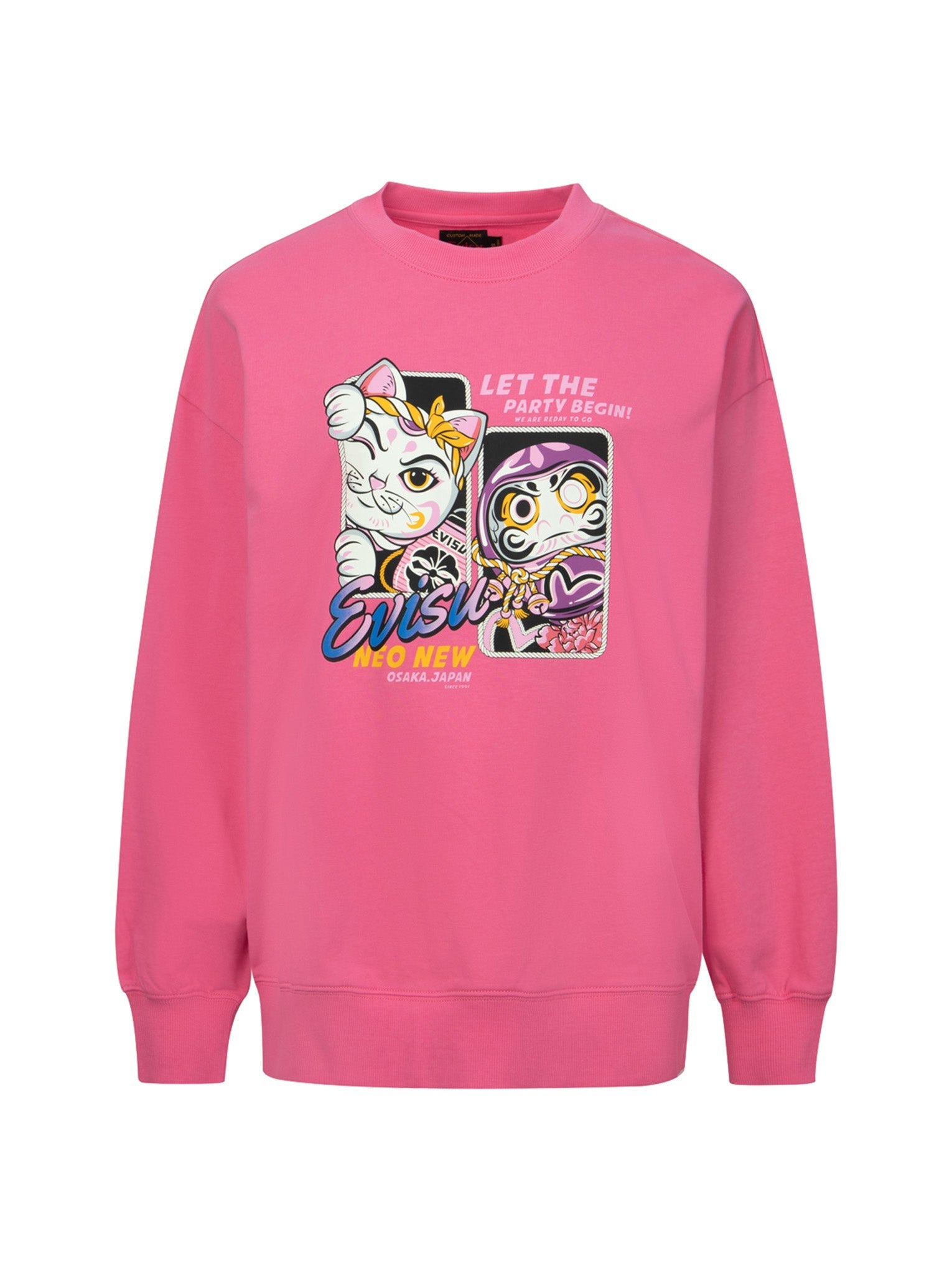 Lucky Fortune Cat & Daruma Print Oversized Sweatshirt - Japanese Inspired Unisex Pullover Hoodie for Streetwear, Anime Fans & Kawaii Fashion Lovers