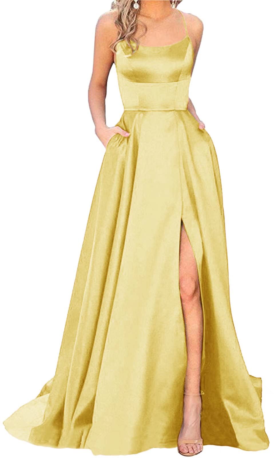 Elegant Women's Halter Prom Dresses - Long Side Split Backless Satin Formal Evening Gowns with Pockets - Size 10 Lemon - Perfect for Prom Night, Homecoming, Cocktail Parties & Special Occasions