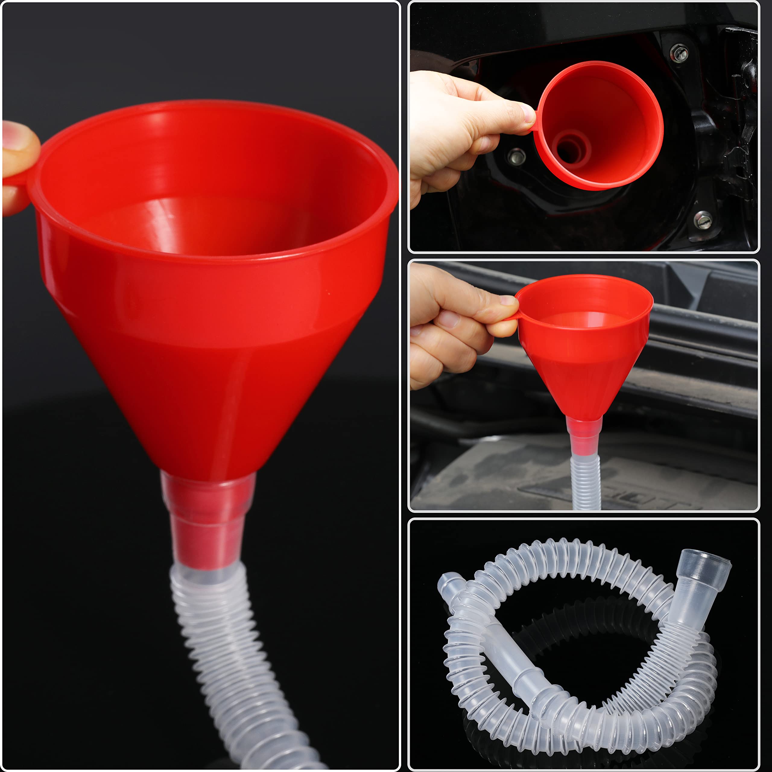 Flexible Fuel Funnel with Long Hose - Plastic Small Wide Mouth Filling Funnel for Engine Oil, Gas, Gasoline, Diesel, Water & Transmission Fluid - Perfect for Cars, Trucks & Motorcycles (Red, 1-Pack)