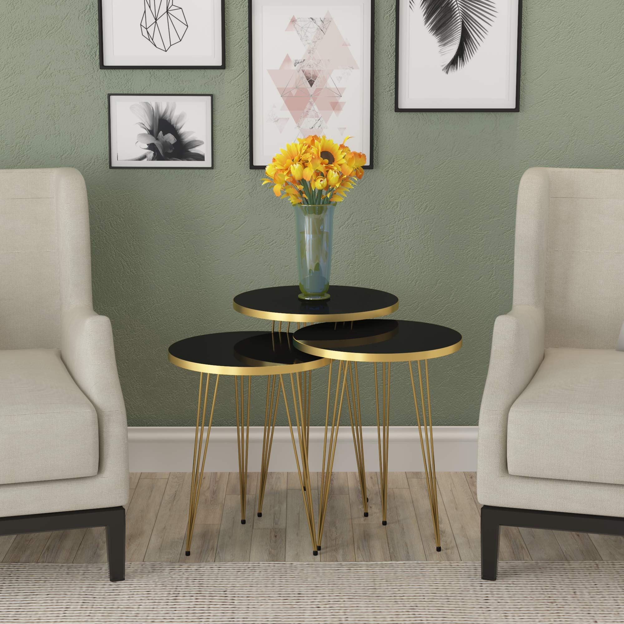 PAK HOME Set of 3 Round Nesting Coffee Tables - High Gloss Black & Gold Metal Legs, Stackable Wood Side Tables for Living Room, Bedroom, Home Office | Modern Accent Furniture for Small Spaces & Apartment Decor