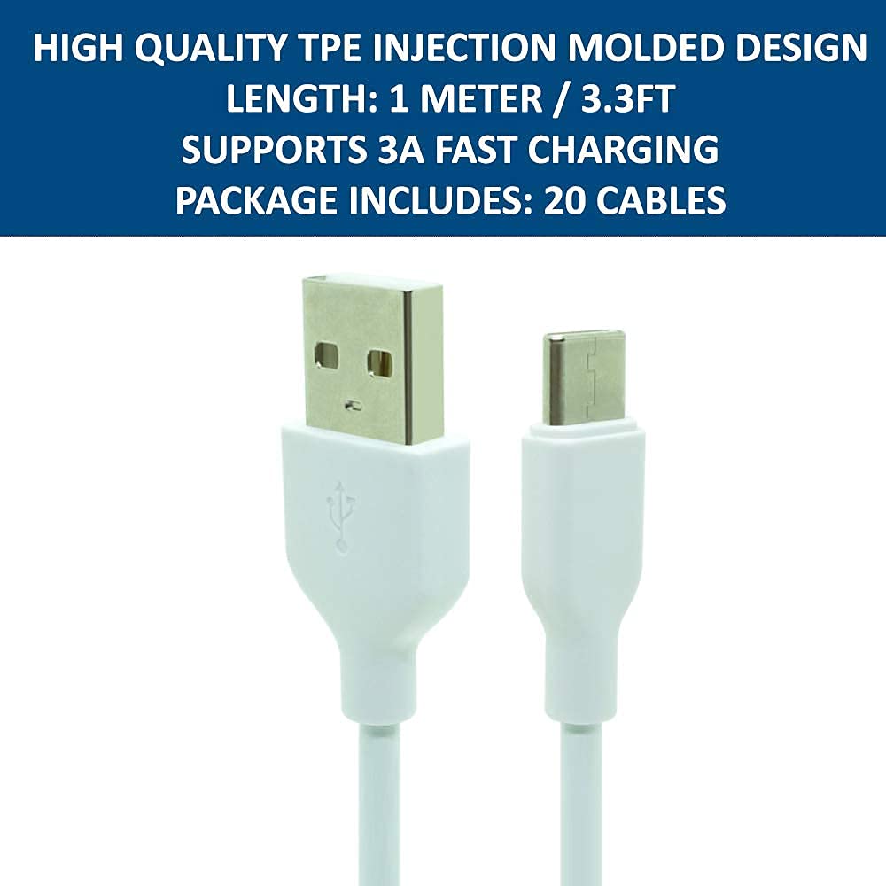 20-Pack 3.3ft USB-A to USB-C Fast Charging Cable - 3A High-Speed Charger Cord Compatible with Samsung Galaxy S10/S9/S8/S20/S21/Plus/A52/A21/A32/A11, Note 10/9/8 & PS5 Controller - Perfect for Home, Office, Travel and Multi-Device Charging