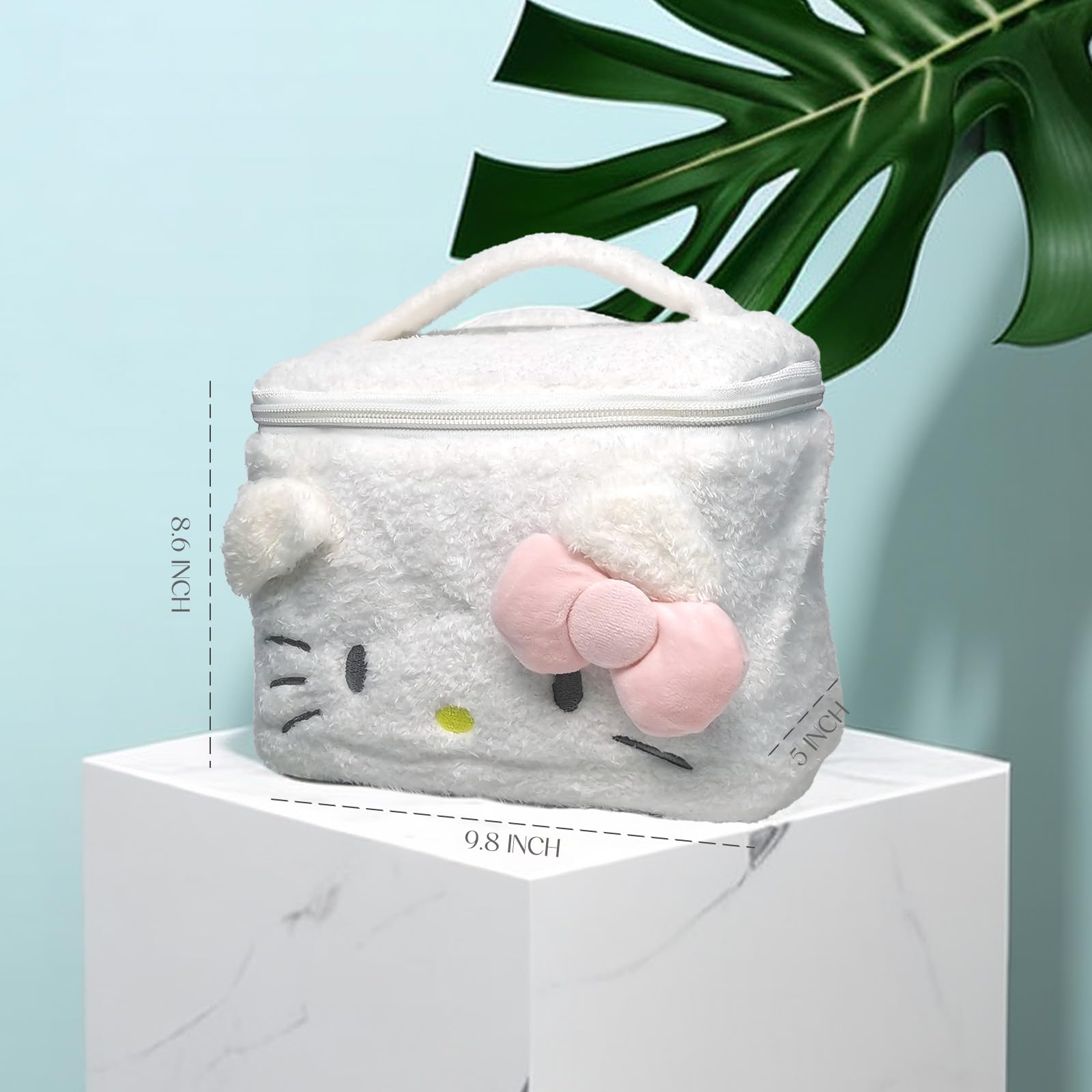 Emmace & Ames Women's Travel Makeup Bag - Soft Plush Cosmetic Organizer with Cartoon Design, Portable Storage Pouch for Toiletries & Accessories (White) - Perfect for Travel, Gym, and Everyday Use