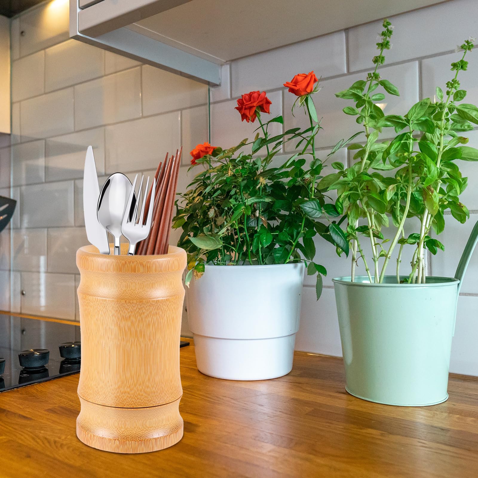 Bamboo Utensil Holder for Kitchen Counter - Spoon Organizer for Cooking
