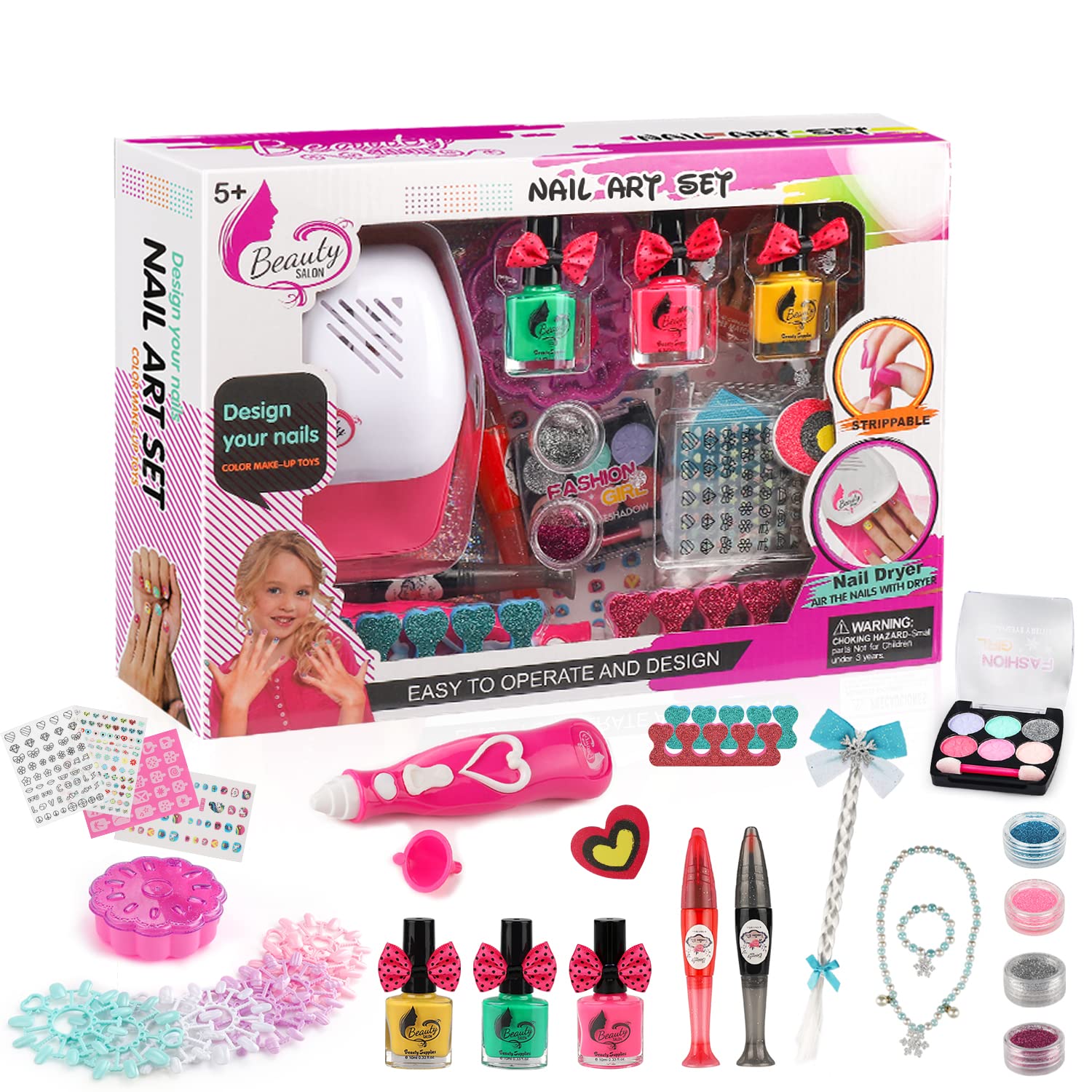 Geek Cheers Kids Makeup & Nail Art Kit for Girls - Non-Toxic Nail Polish Set with Nail Dryer, Eyeshadow, Stickers & Accessories - Safe Birthday & Christmas Gift for Little Girls - Perfect for Pretend Play, Dress-Up & Party Fun