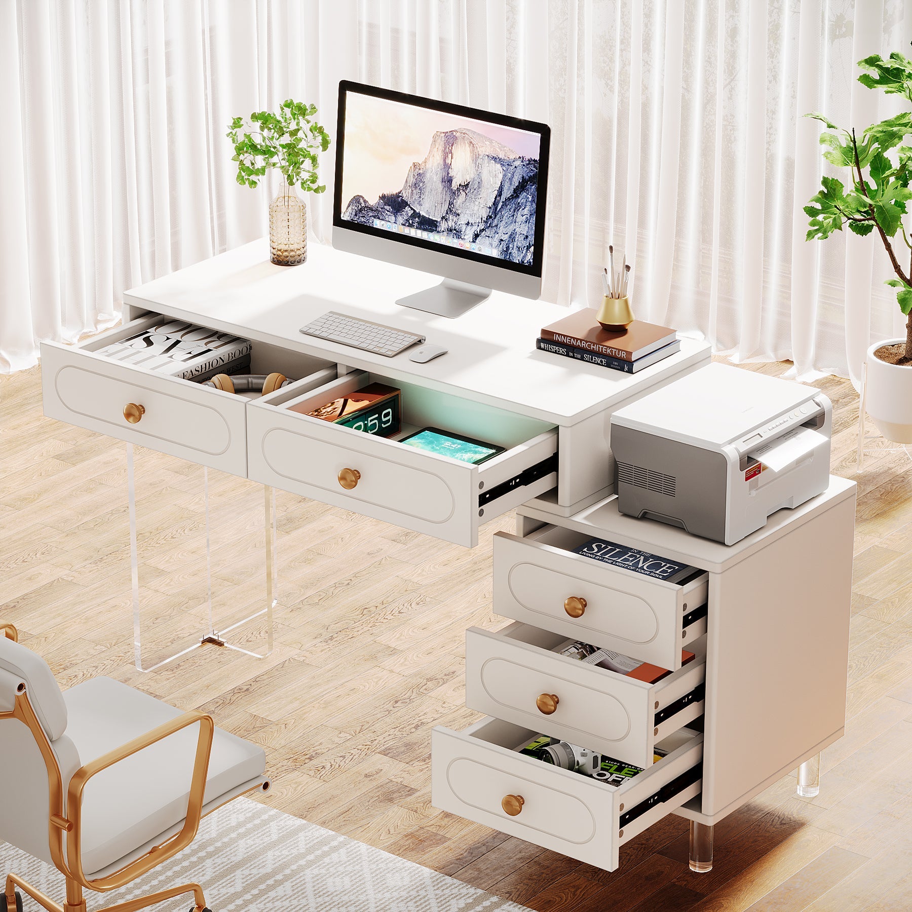 5 Drawer Modern Computer Desk with Transparent Acrylic Base & Sturdy Legs - Home Office Workstation for Small Spaces, Gaming Setup & Study Room Organization