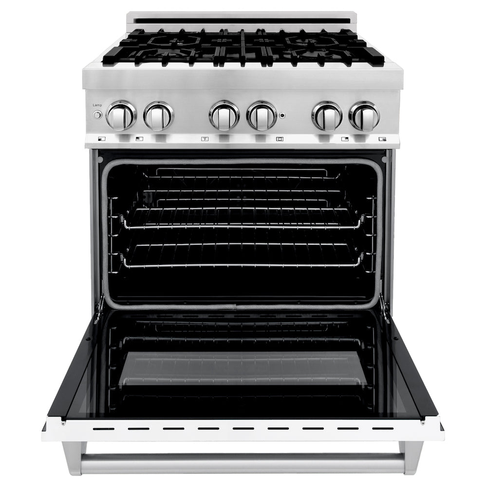 ZLINE 30-inch 4.0 cu. ft. Stainless Steel Dual Fuel Range - 4 Burner Gas Cooktop & Electric Convection Oven with Griddle & White Matte Door (RA WM GR 30) - Perfect for Modern Kitchens & Professional Cooking