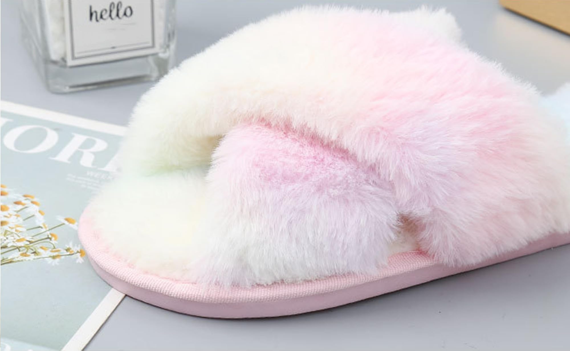 Women's Fuzzy Memory Foam House Slippers - Soft Cross Band Open-Toe Indoor Slippers for Comfort & Warmth - Perfect for Relaxing at Home, Lounging & Winter Wear