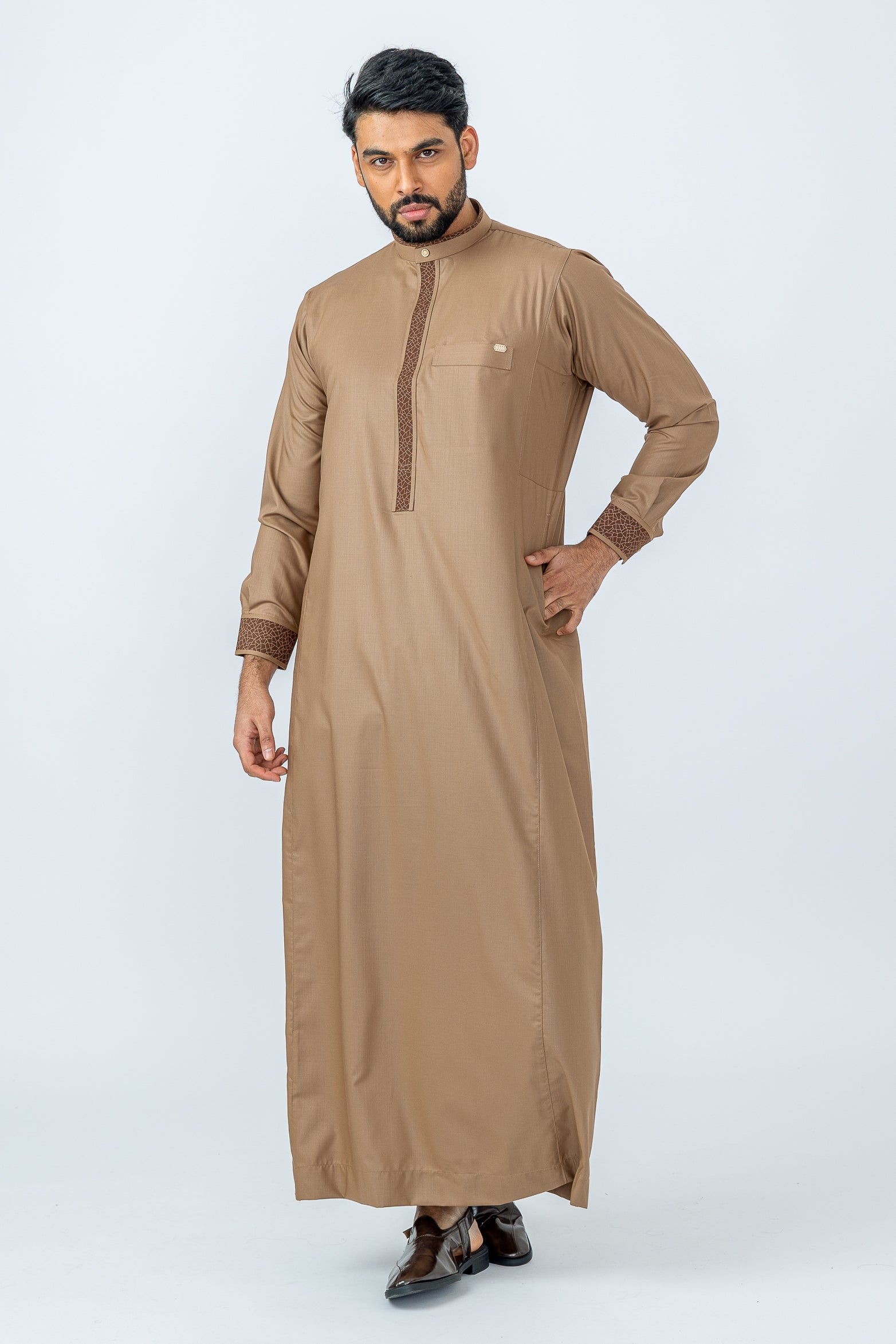 Aztec Almond Brown Thobe for Men - Traditional Islamic Robe with Embroidery - Perfect for Eid, Ramadan & Special Occasions