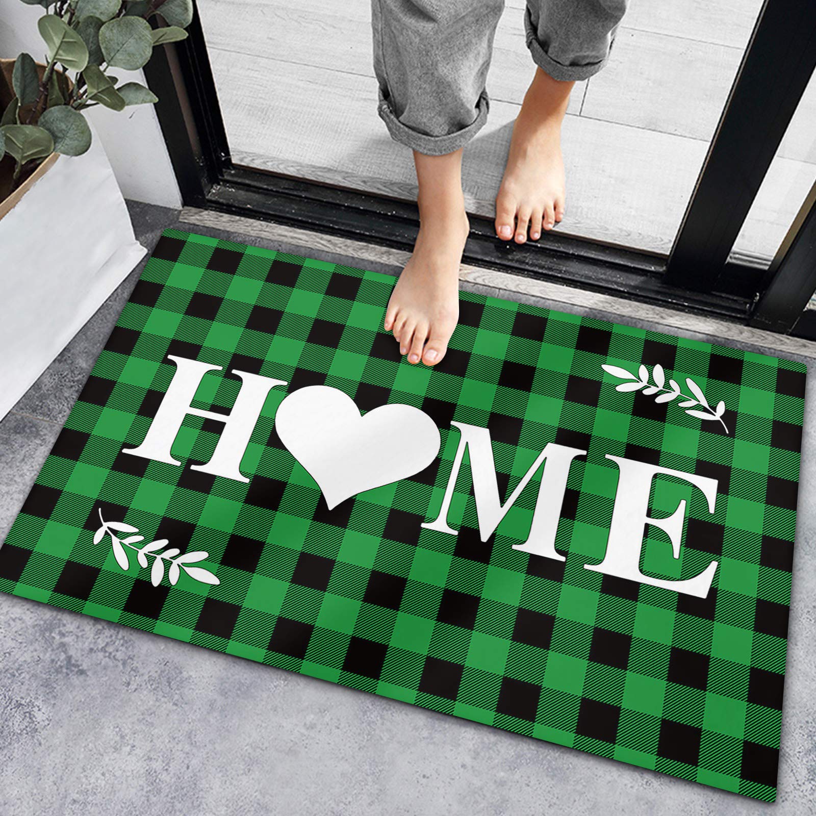 Koupin Life Absorbent Bath Rug - Non-Slip Buffalo Plaid Check Welcome Doormat for St. Patrick's Day | Heart Home Decor for Living Room, Bedroom, Bathroom & Indoor Use - Perfect for Entryways, Kitchens and High-Traffic Areas