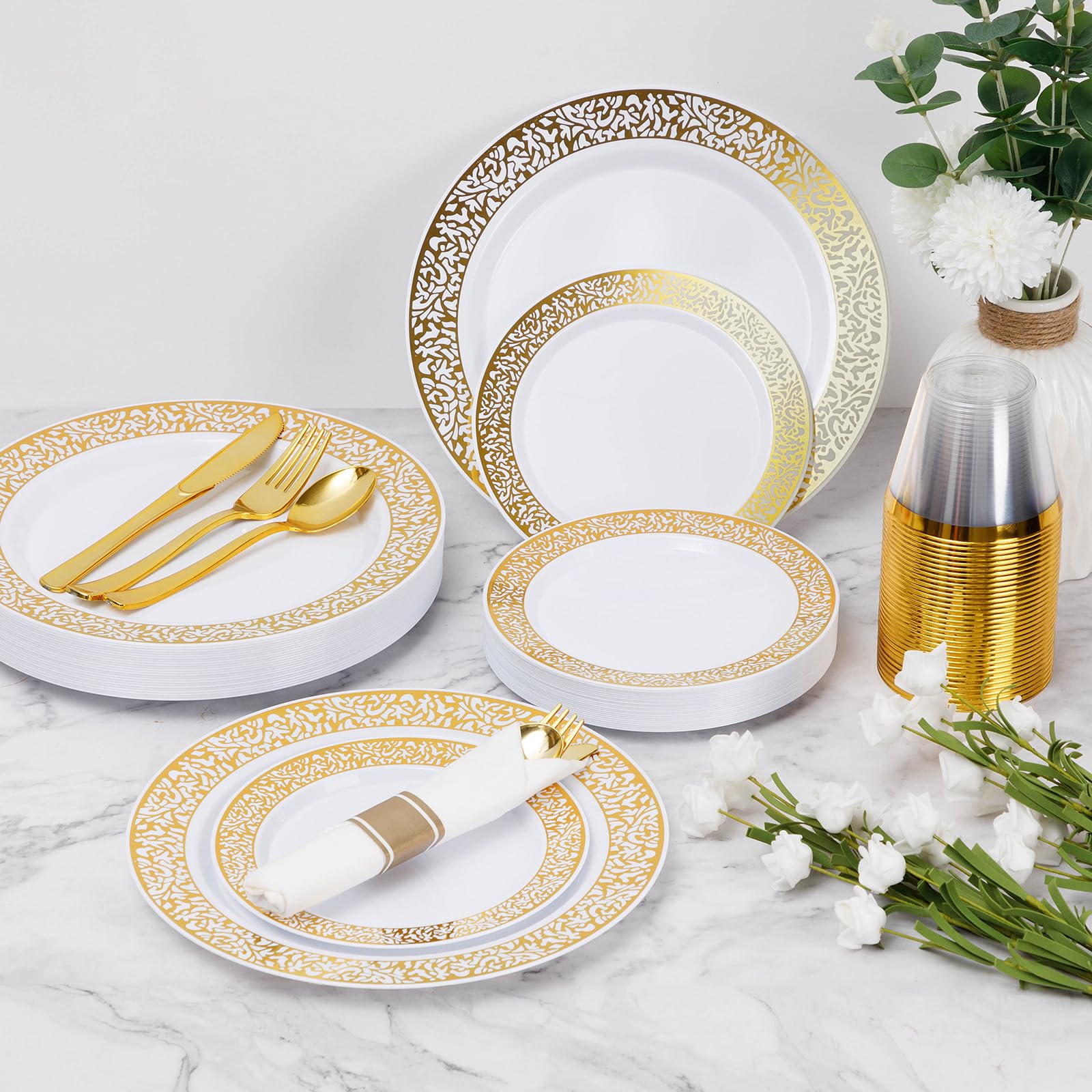 Goodluck 175-Piece Gold Plastic Dinnerware Set for 25 Guests - Disposable Elegant Lace Plates, 25 Gold Dinner Plates, 25 Dessert Plates, 25 Pre-Rolled Napkins with Silverware, 25 Cups - Perfect for Thanksgiving, Christmas, Weddings & Party Events