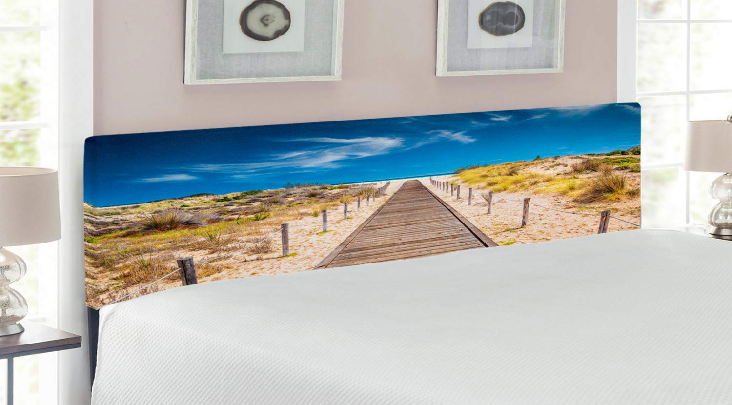 Ambesonne King Size Upholstered Beach Headboard with Memory Foam - Idyllic Sky & Seashore Design in Cream Blue | Decorative Metal Bed Headboard for Coastal Bedroom, Guest Room or Vacation Home Decor