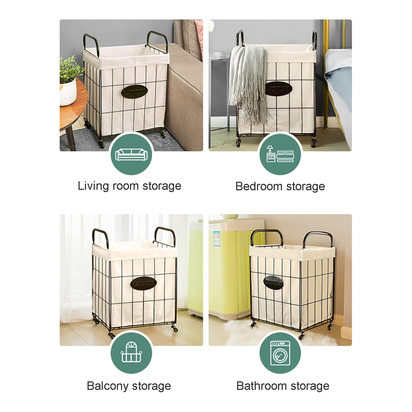Heavy Duty Laundry Hamper on Wheels with Cotton Liner - Collapsible Clothes Basket Organizer with Handles - Large Capacity Laundry Storage for Hotel, Bathroom, Bedroom & Dorm Room - Portable Laundry Cart for Easy Clothes Transportation