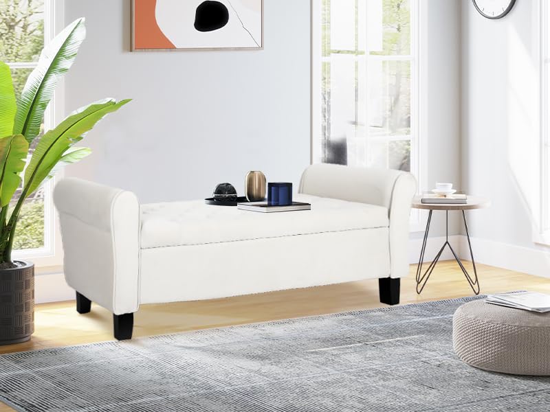 Upholstered Storage Ottoman Bench with Rolled Arms - Bedroom, Living Room & Entryway Furniture - Perfect for Bed End, Hallway Seating & Home Organization