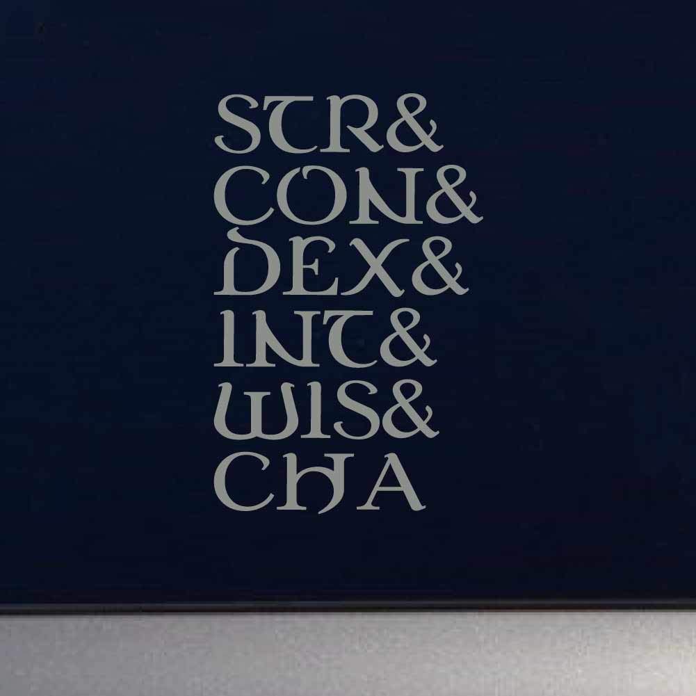 D&D Stats Vinyl Decal - Str, Con, Dex, Int, Wis, Cha - 12 Inch Gray Indoor/Outdoor Sticker for Gaming Room, Laptop, Water Bottle & Tabletop Decor