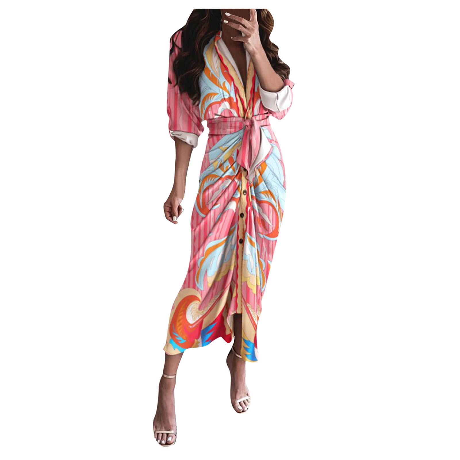 Women's Casual Belted Satin Cardigan Dress with Print Sleeves & Button Front - Perfect for Office Wear, Date Nights & Spring Outfits