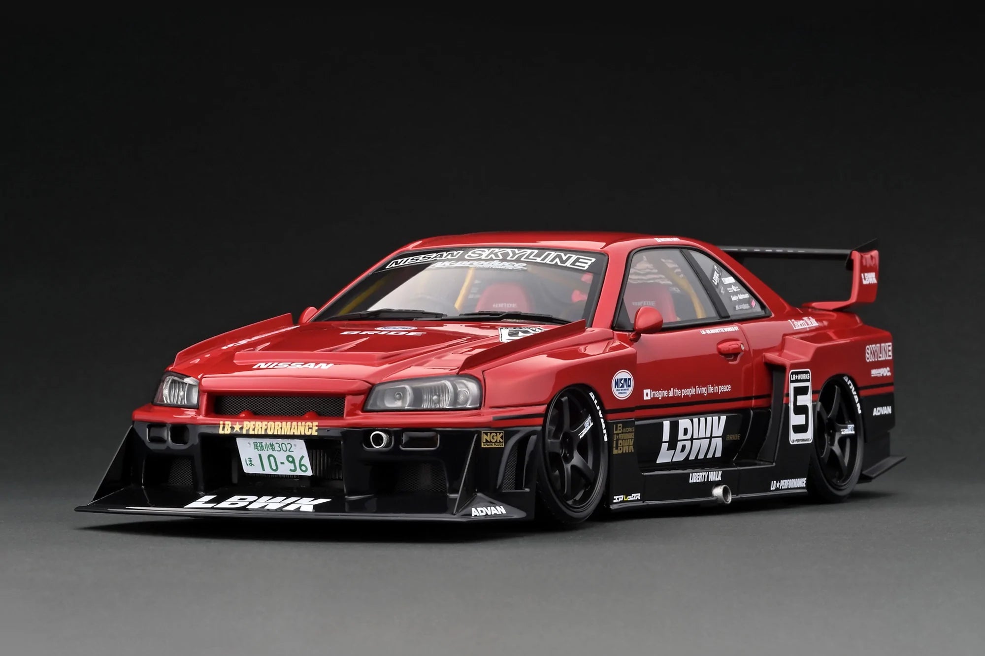 1:18 Scale Nissan Skyline ER34 LBWK Super Silhouette Diecast Model Car - Red & Black with Detailed Engine Display - Perfect for Collectors & Racing Enthusiasts