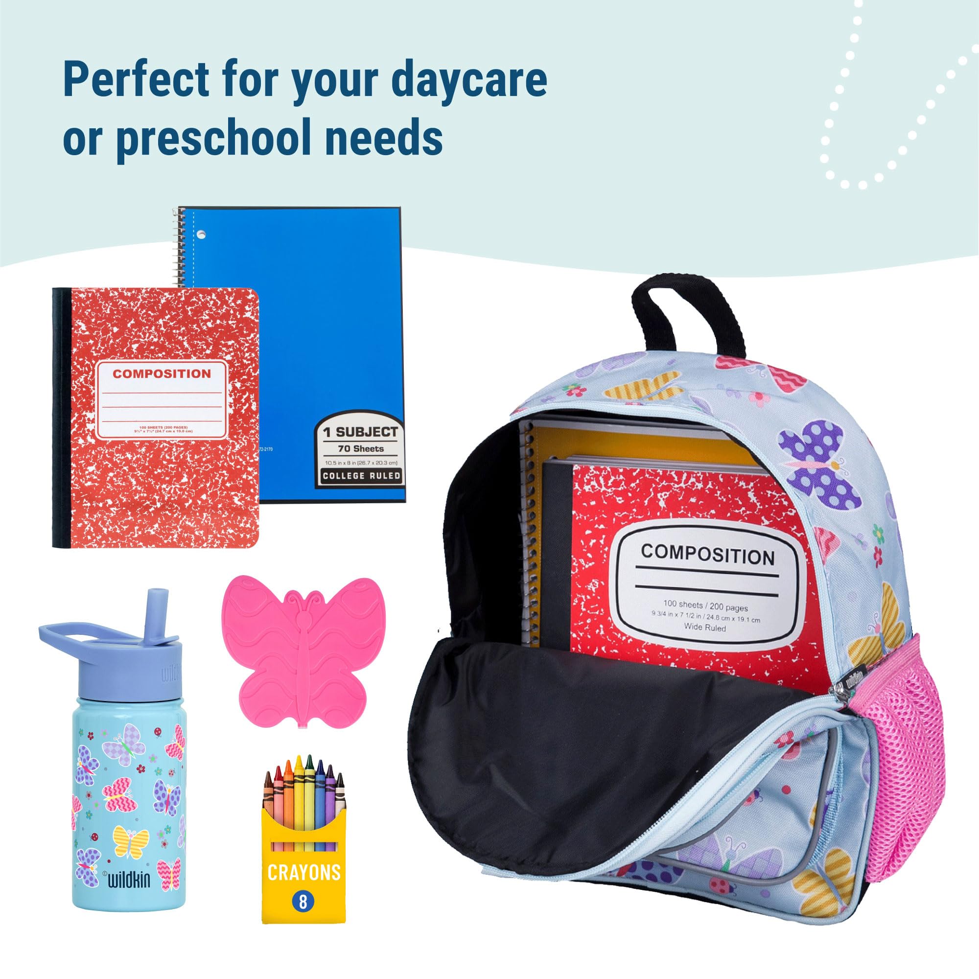 Wildkin 12 Inch Kids Backpack with Nap Mat Cover - Butterfly Garden Design | Durable School Backpack for Boys & Girls | Perfect for Preschool, Daycare & Travel
