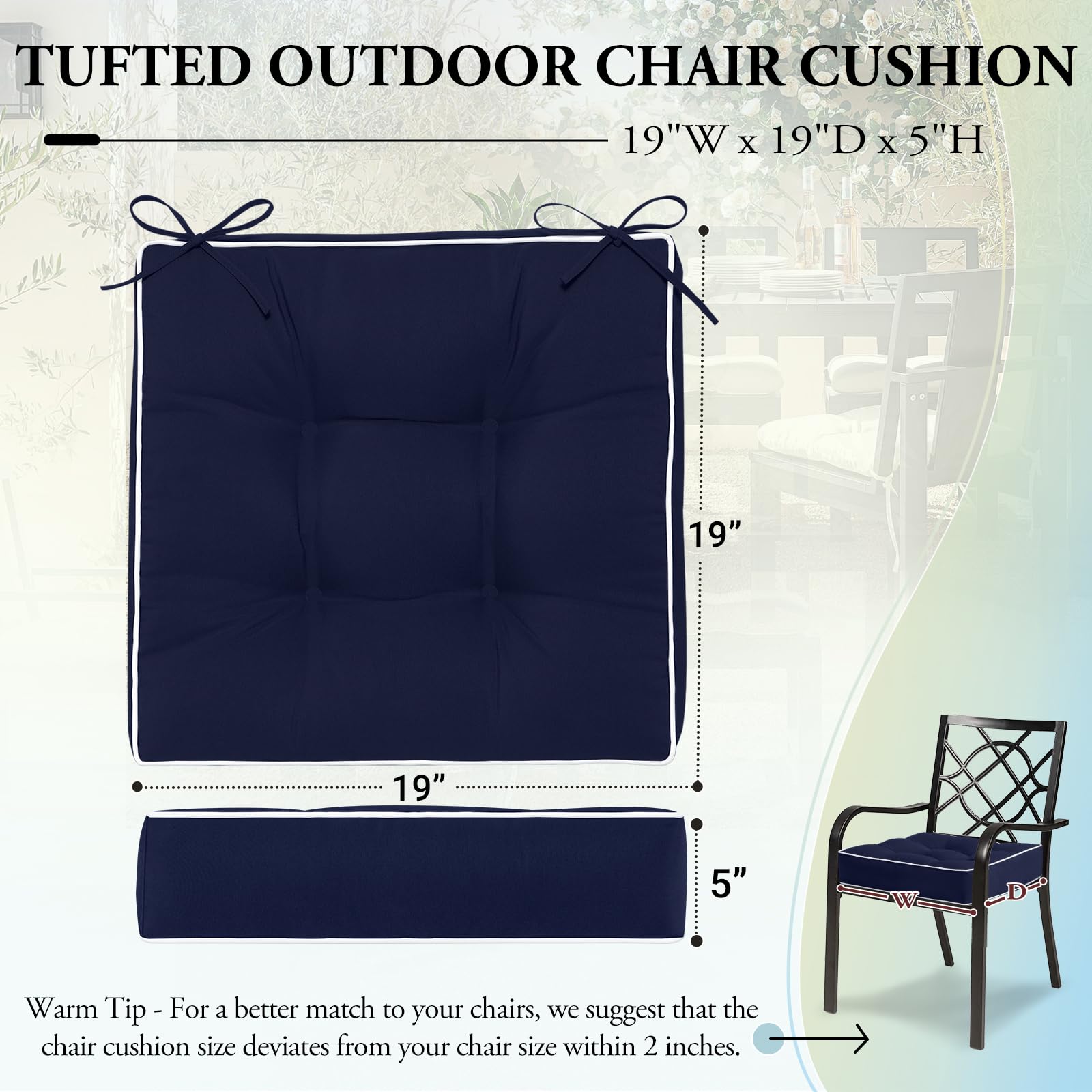 Premium Outdoor Chair Cushions Set of 2 - Waterproof Tufted Patio Seat Cushions for Garden Furniture (19x19 Inch, Navy Blue) - Perfect for Poolside Lounging, Backyard Relaxation & Outdoor Dining