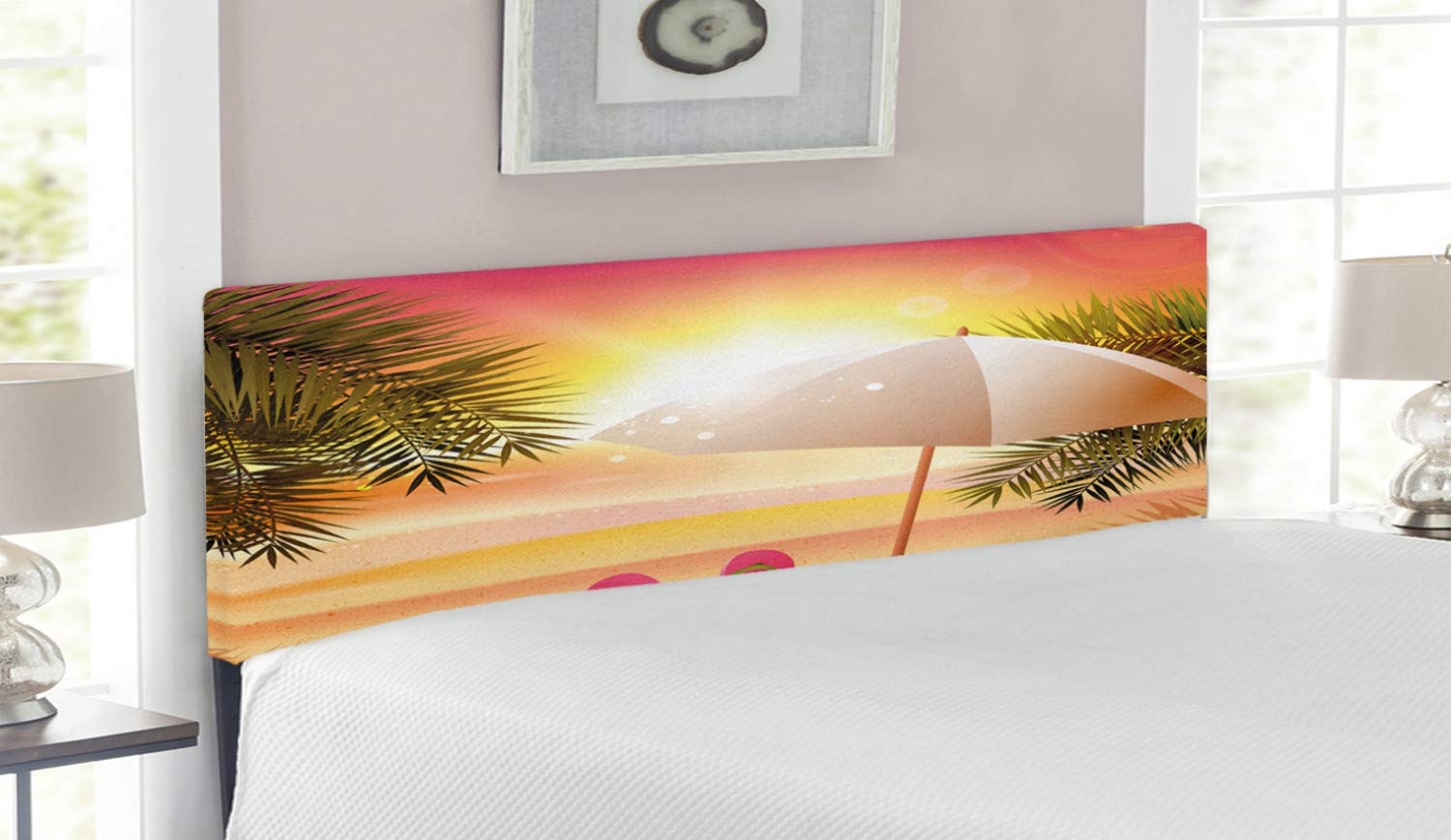 Ambesonne Summer Queen Size Headboard - Sunset Beach Flip Flops & Palm Trees Design, Upholstered Metal Bed Frame with Memory Foam in Orange & Yellow | Perfect for Coastal & Tropical Bedroom Decor