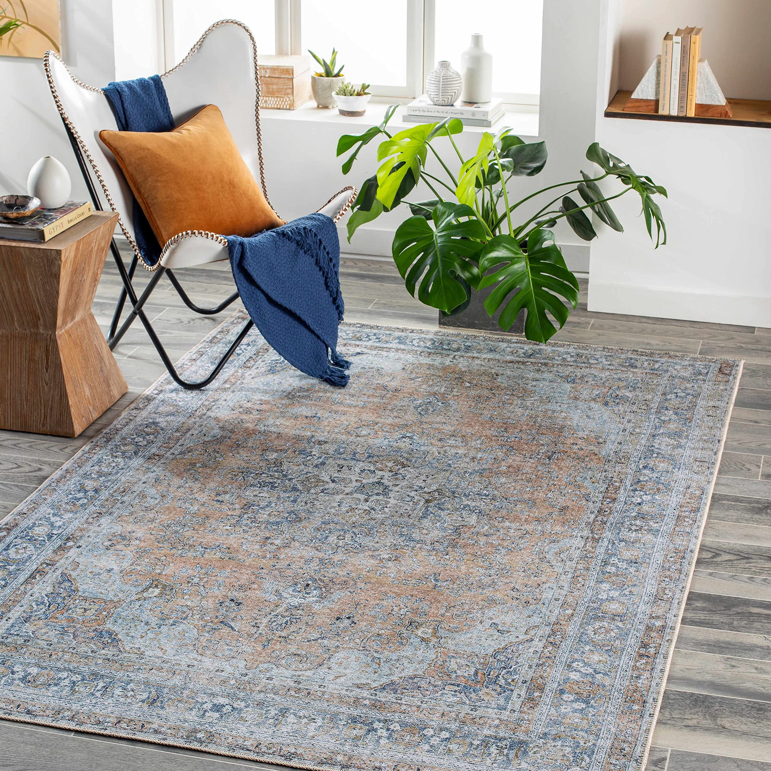 Hauteloom Mianay Washable Area Rug for Living Room & Bedroom - Soft, Durable, Stain Resistant - Beige, Blue, Gray - 5'3