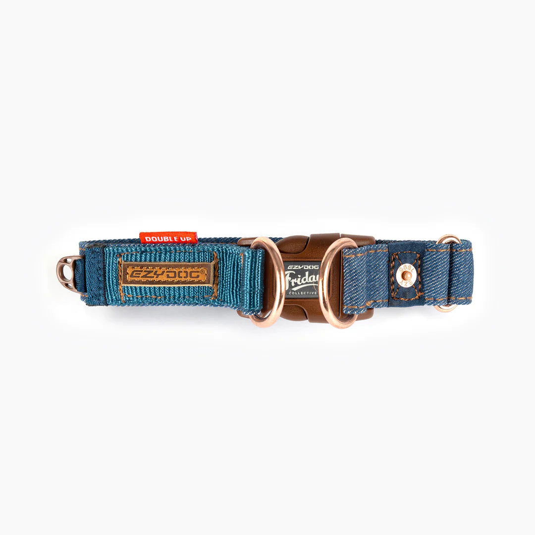 EzyDog Double Up Collar Denim - Adjustable Dog Collar for Medium & Large Breeds - Perfect for Walking, Training & Outdoor Adventures