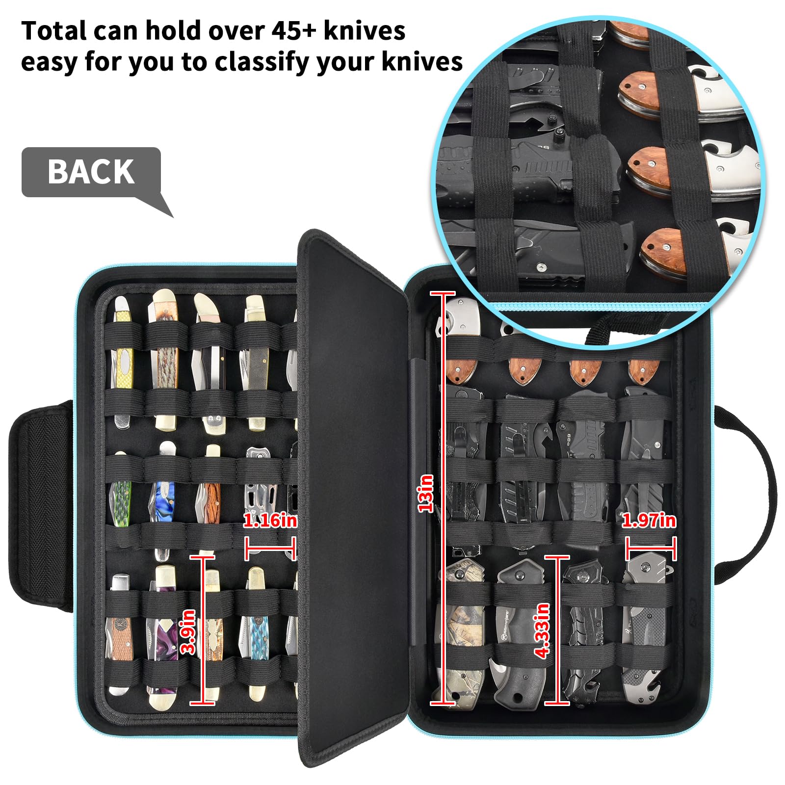 45+ Pocket Knife Display Case - Butterfly Knife Storage Bag & Folding Knives Organizer Box - Tactical Knife Collection Protector for Survival, Outdoor, EDC, Kitchen Use - Perfect for Home Display, Camping & Knife Collectors