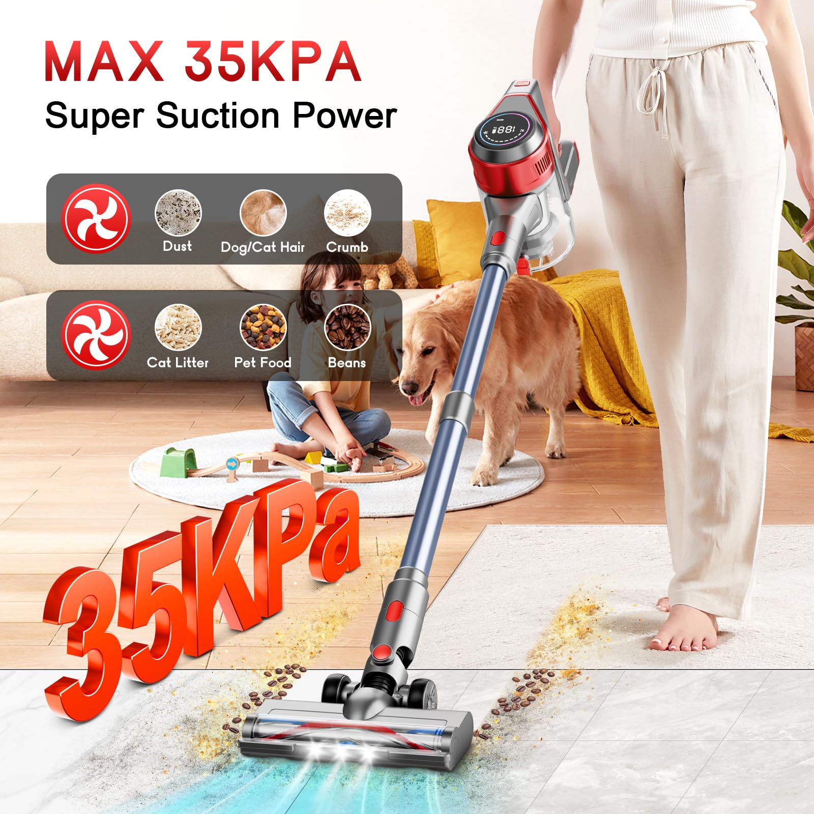 **Powerful Cordless Stick Vacuum Cleaner - 35KPa Suction, Rechargeable with Detachable Battery, 45 Min Runtime, 8-in-1 Handheld for Hard Floors & Carpets - Ideal for Pet Hair, Home Cleaning & Quick Pickup**