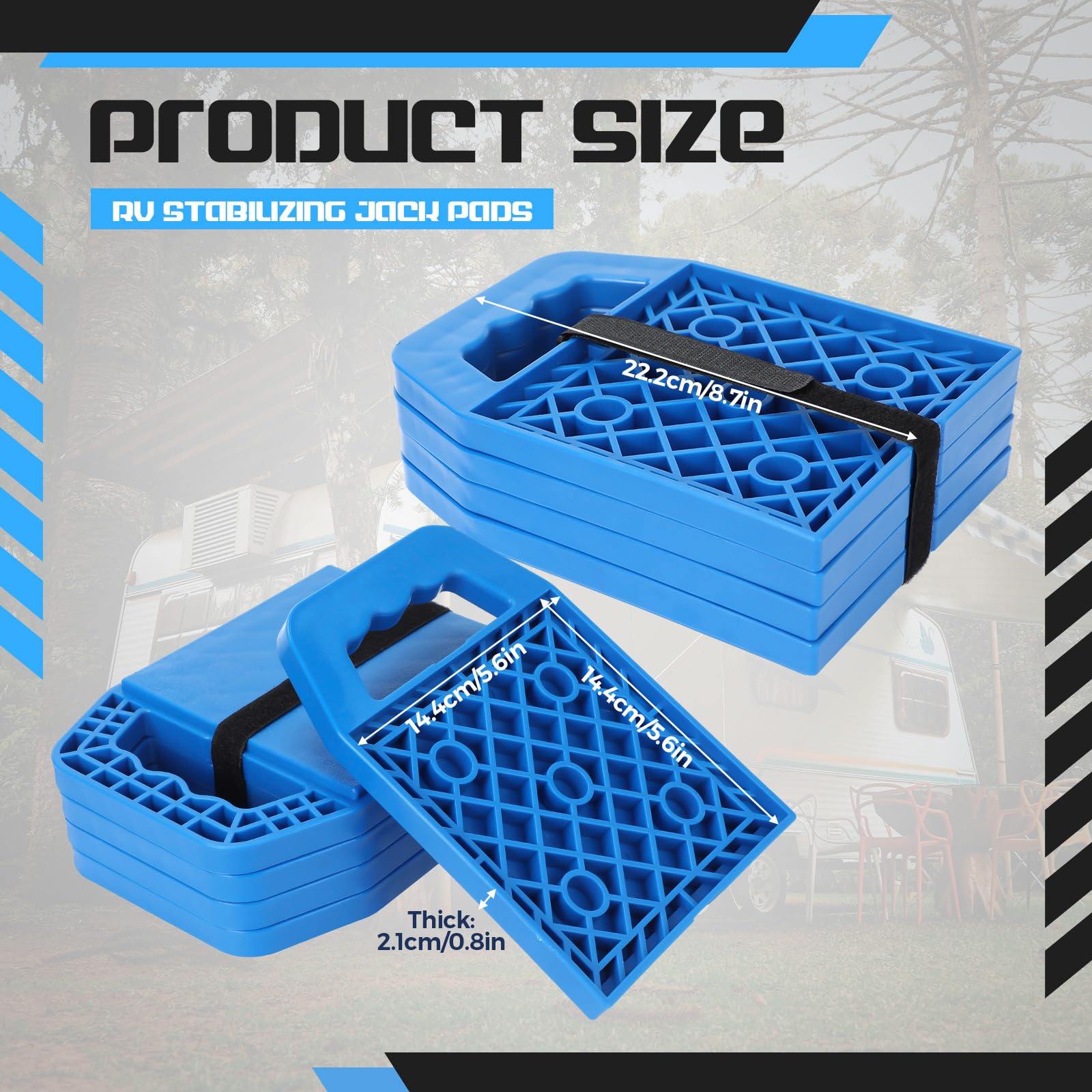 8-Piece RV Stabilizing Jack Pads - Heavy Duty Camper Leveling Blocks with Handle for Travel Trailers - Durable RV Stabilizer Pads for Easy Storage & Organization - Perfect for Camping, Road Trips & RV Parking (Blue)