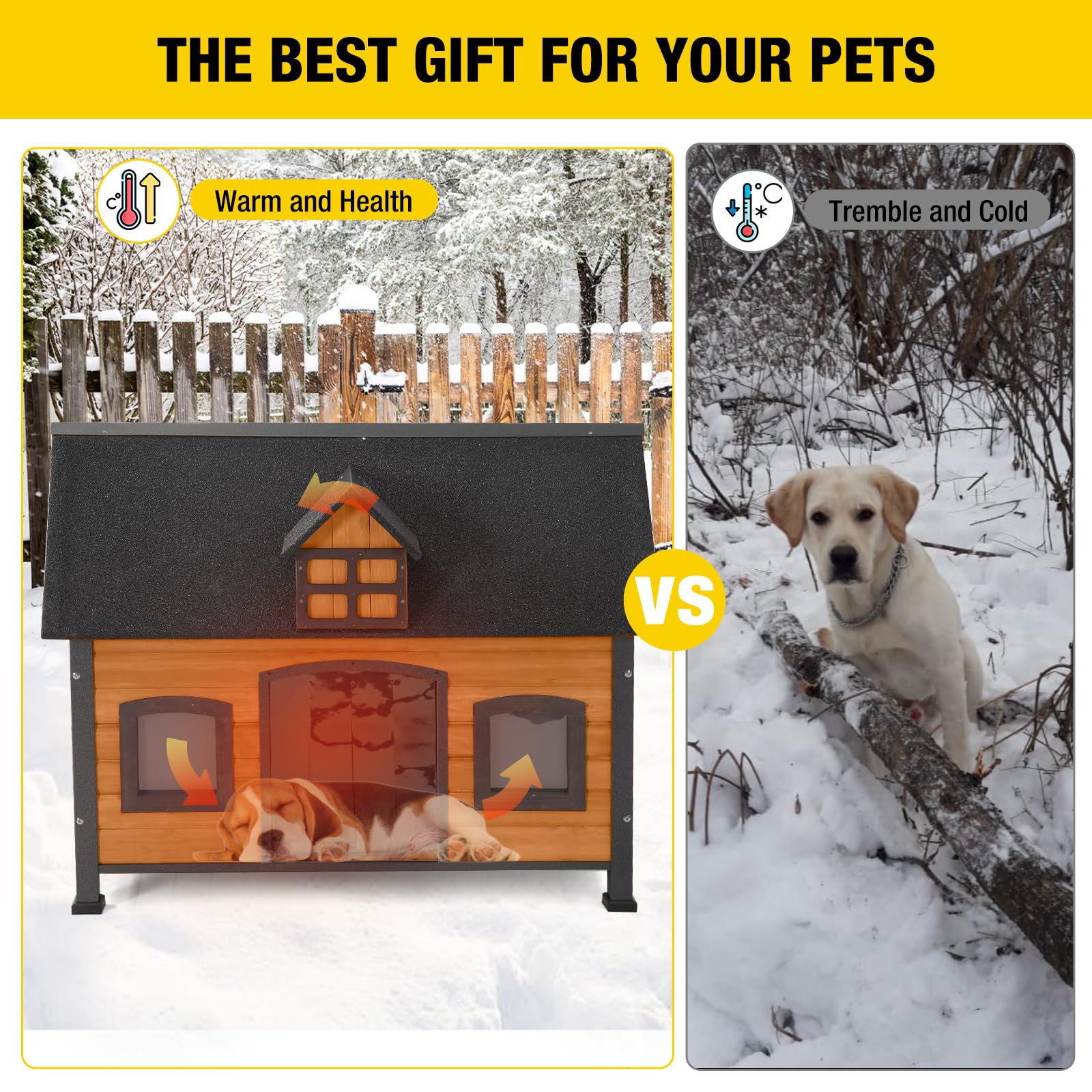 Aivituvin Insulated Wooden Dog House with Anti-Chewing Metal Frame - Weatherproof Indoor/Outdoor Pet Kennel with Unique Roof Design for Small to Medium Dogs | Perfect for Backyard, Patio, and Garage Use