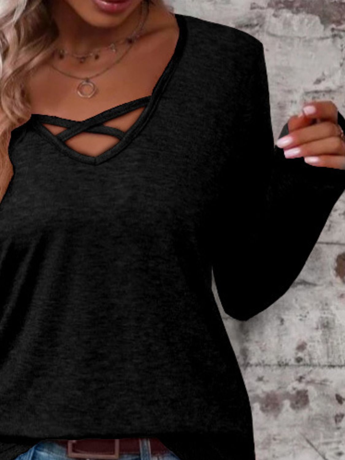 Crisscross V Neck Long Sleeve T-Shirt for Women - Soft Stretchy Casual Top - Perfect for Work, Date Night & Everyday Wear