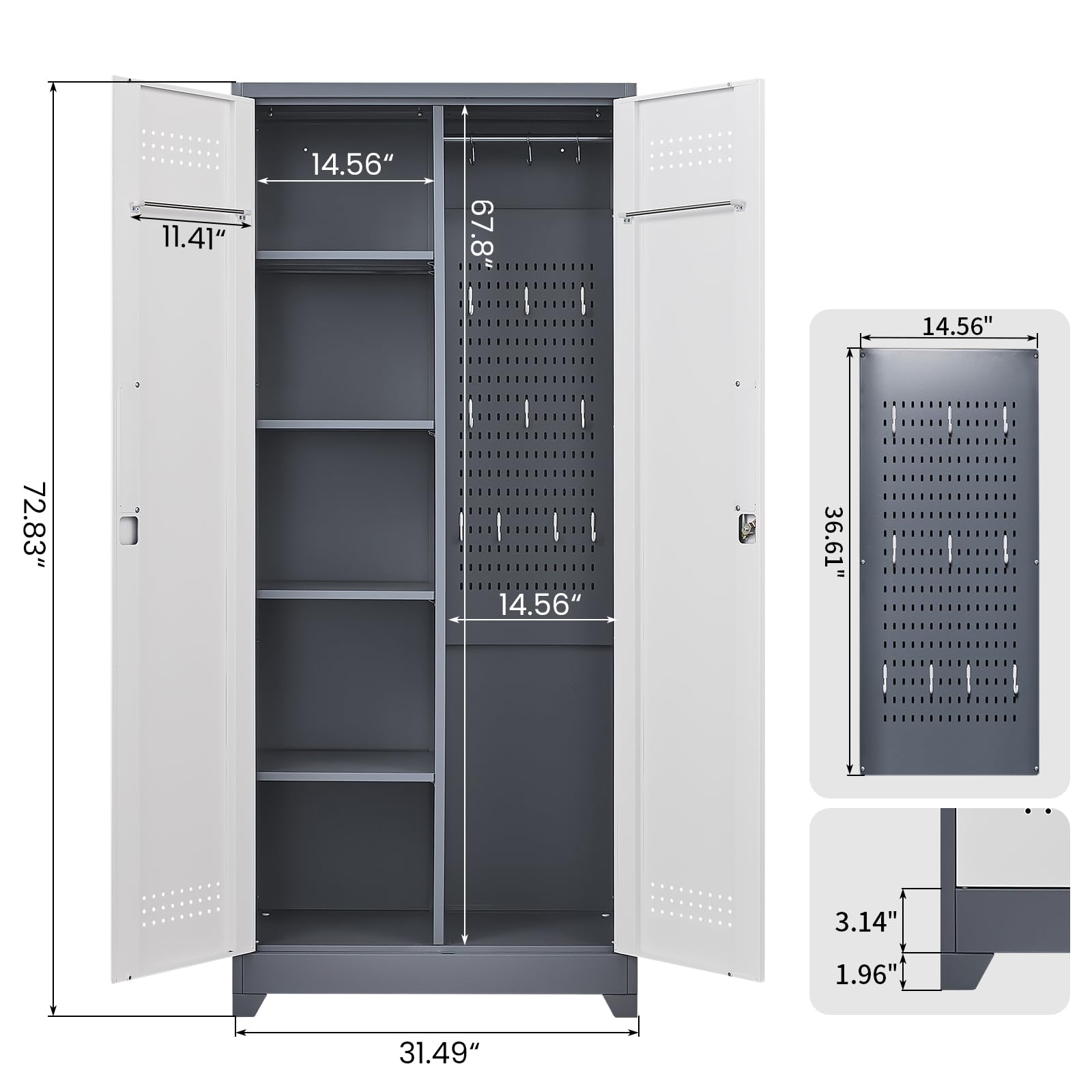 GREATMEET Metal Broom Closet with Pegboard & Hanging Rod - Cleaning Supplies Storage Cabinet with Lock for Utility Room, Garage & Laundry Room Organization