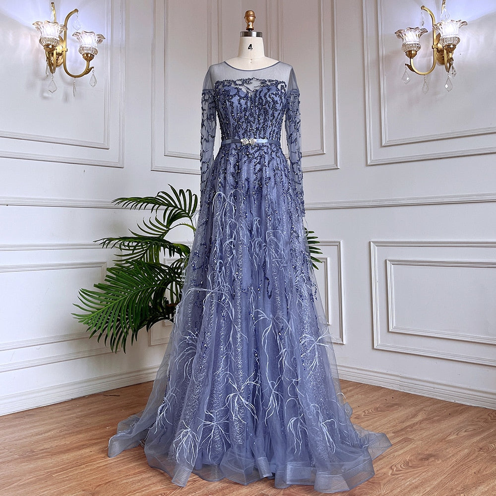 Luxury Muslim Gold A-Line Lace Beaded Feather Evening Dress for Women - Arabic Wedding Gown & Party Formal Wear 2025 | Elegant Islamic Occasion & Special Event Attire