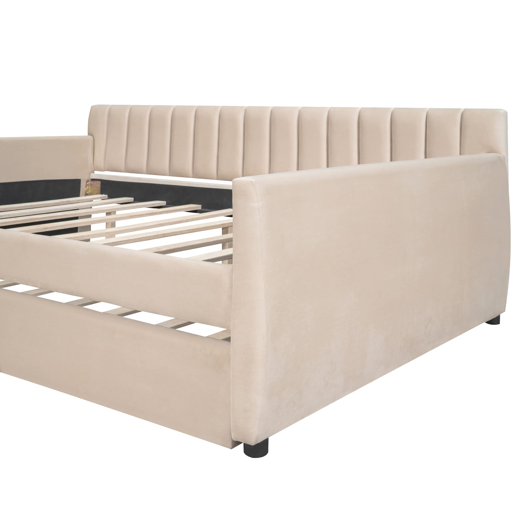 P PURLOVE Full Size Upholstered Daybed with Trundle - Velvet Sofa Bed with Pull Out Trundle & Wood Slats for Living Room, Guest Bedroom & Small Space - Convertible Sleeper Sofa for Lounge, Nap & Overnight Guests